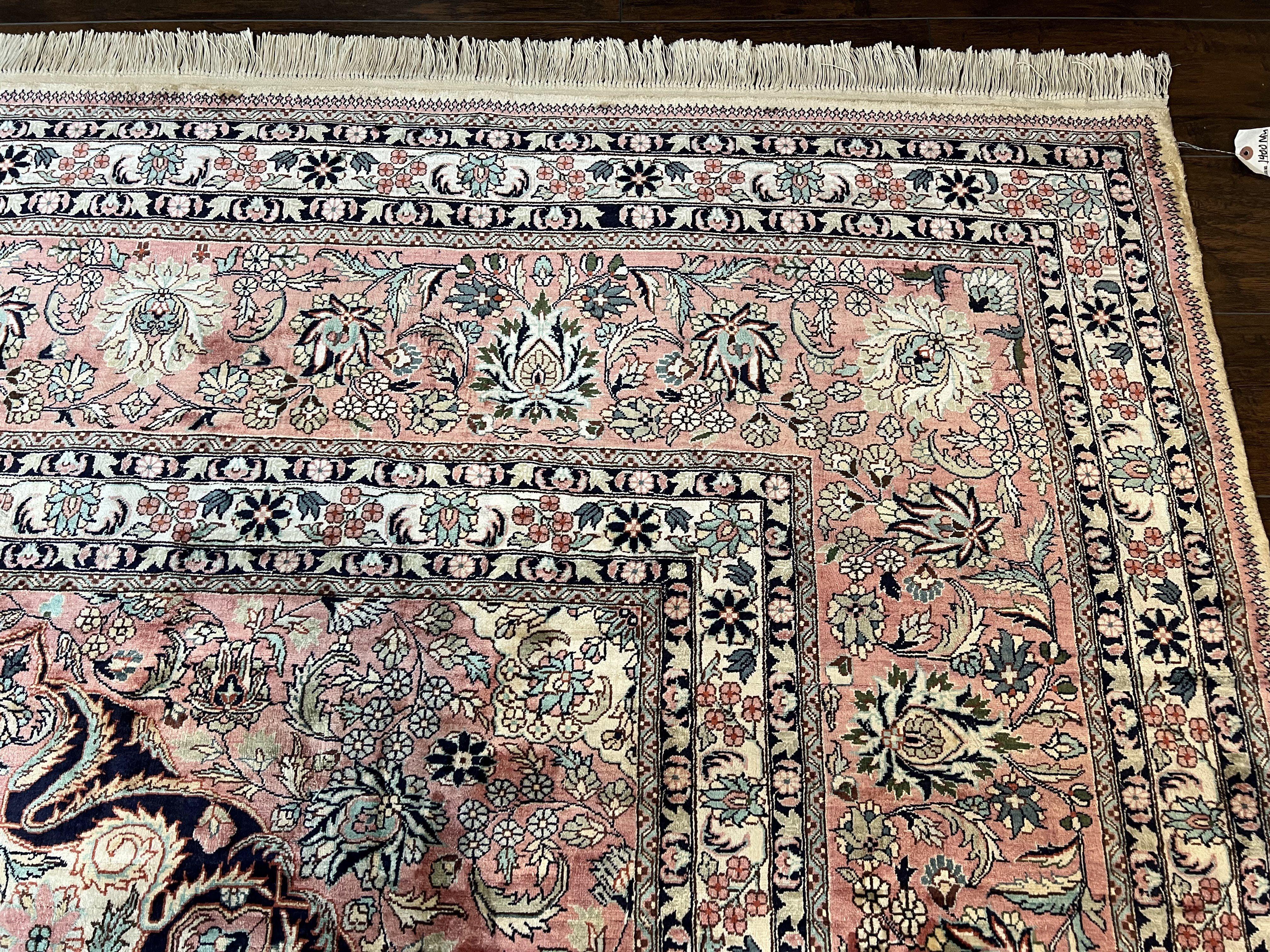 Indian Silk Kashmiri Rug 9x12, Room Sized All Silk Carpet, Center Medallion, Highly Detailed, Top Quality, Very Fine, Vintage, Cream Pink - Jewel Rugs