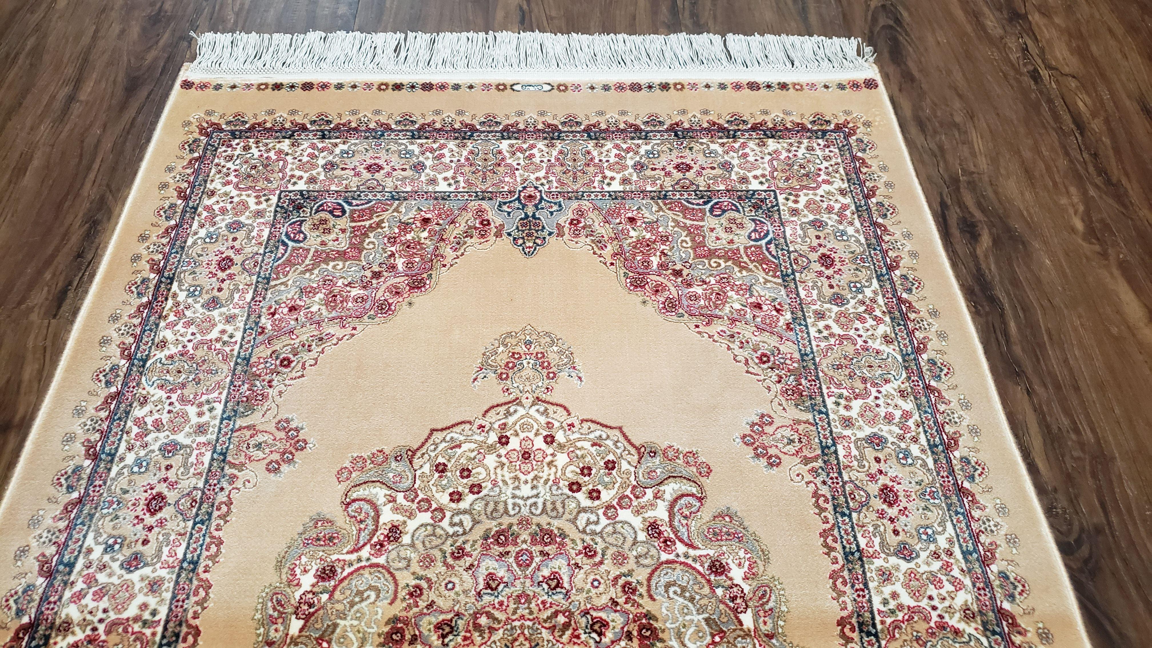 Small Beige Silk Rug, Oriental Carpet 2.5 x 4, Turkish Silk Rug, Luxury Medallion Accent Rug, Bamboo Silk, Tan Silk Rug, New, 2' 8" x 4' 1" - Jewel Rugs