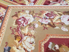 Vintage Chinese Aubusson Savonnerie Flat Pile Rug 9.9 x 14.5 Wool Handwoven Red & Khaki Large Flowers Rug 9x14 - 10x15 Michaelian Kolhberg - Jewel Rugs