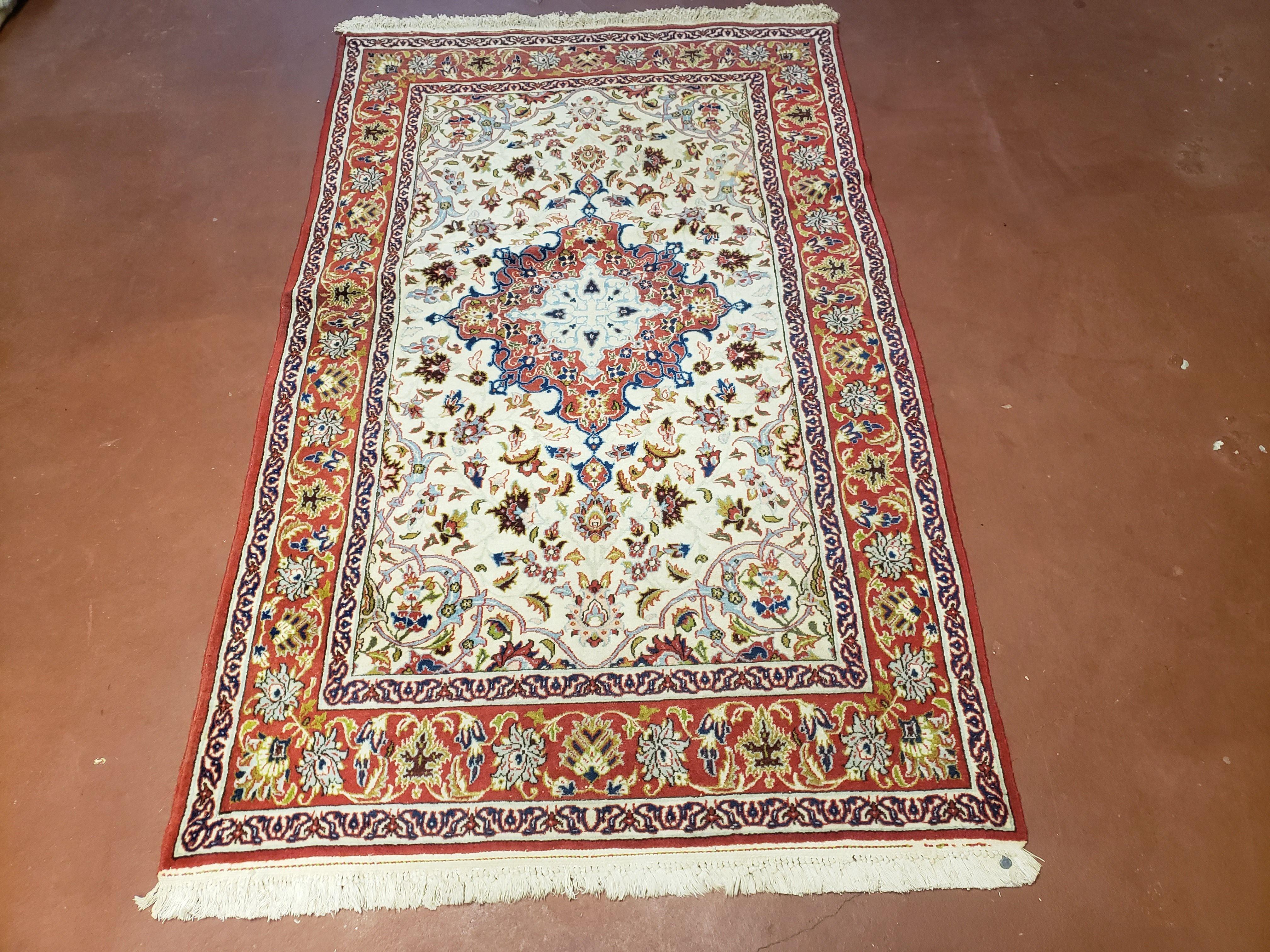 3.5 x 5.5 Small Oriental Carpet, 3x5 Handmade Rug, 4x6 Vintage Wool Rug, Ivory Turkish Rug, Small Persian Rug, Fine Hand-Knotted Rug, Nice - Jewel Rugs