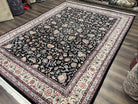 Pak Persian Rug 9x12, Floral Allover, Hand Knotted Oriental Carpet 9 x 12 ft, Black and Cream, Detailed, Wool with Silk Highlights, Vintage - Jewel Rugs