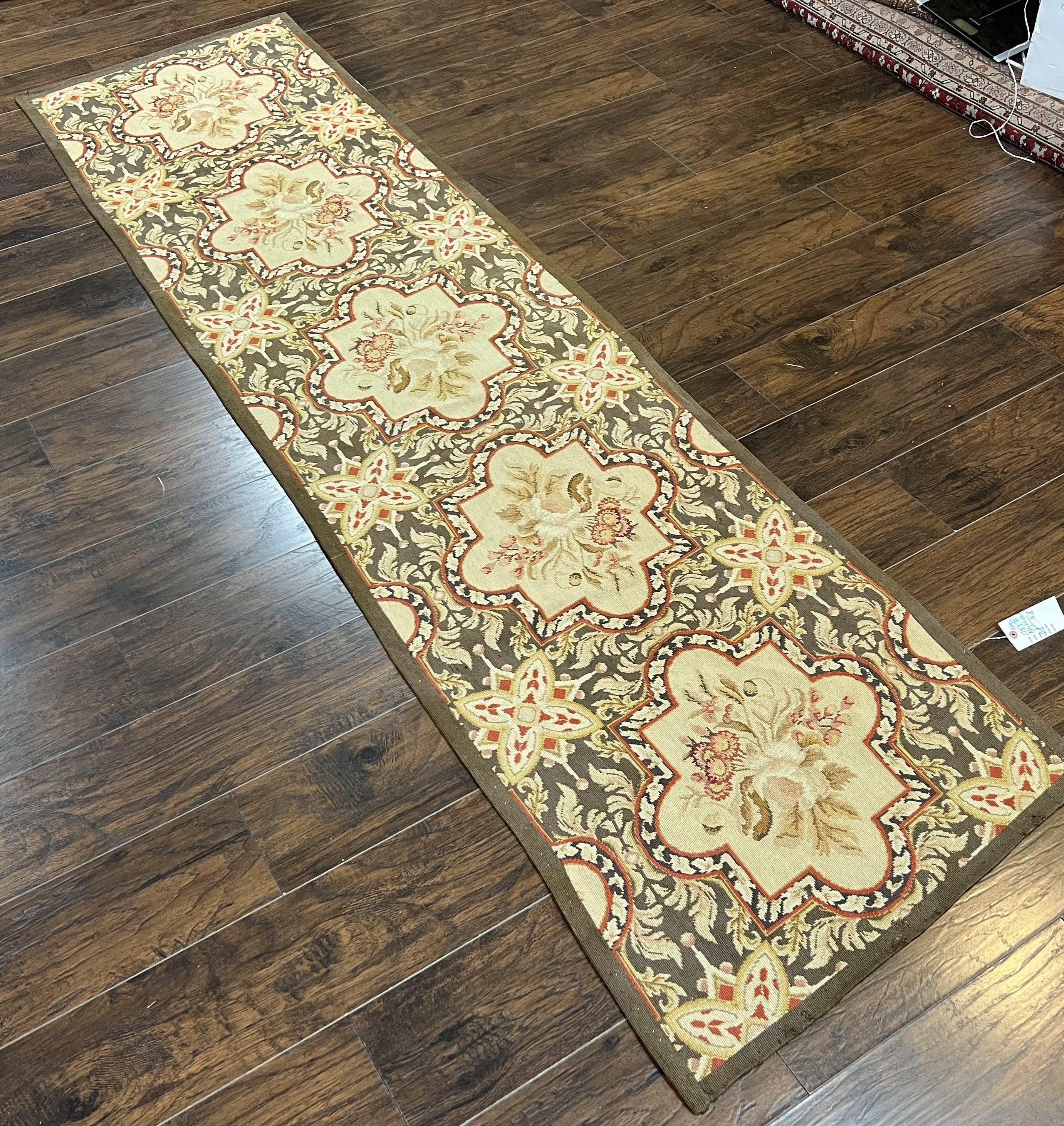 Needlepoint Runner Rug 2.8 x 9.8, Brown and Beige, Handwoven Handmade Floral French European Design, Vintage Flatweave 10ft Wool Runner Rug - Jewel Rugs