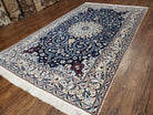 Persian Nain Rug, Lachak Toranj Design, Wool with Silk Highlights, Floral Medallion, Hand-Knotted, Blue & Ivory, 5' x 8' 4" - Jewel Rugs