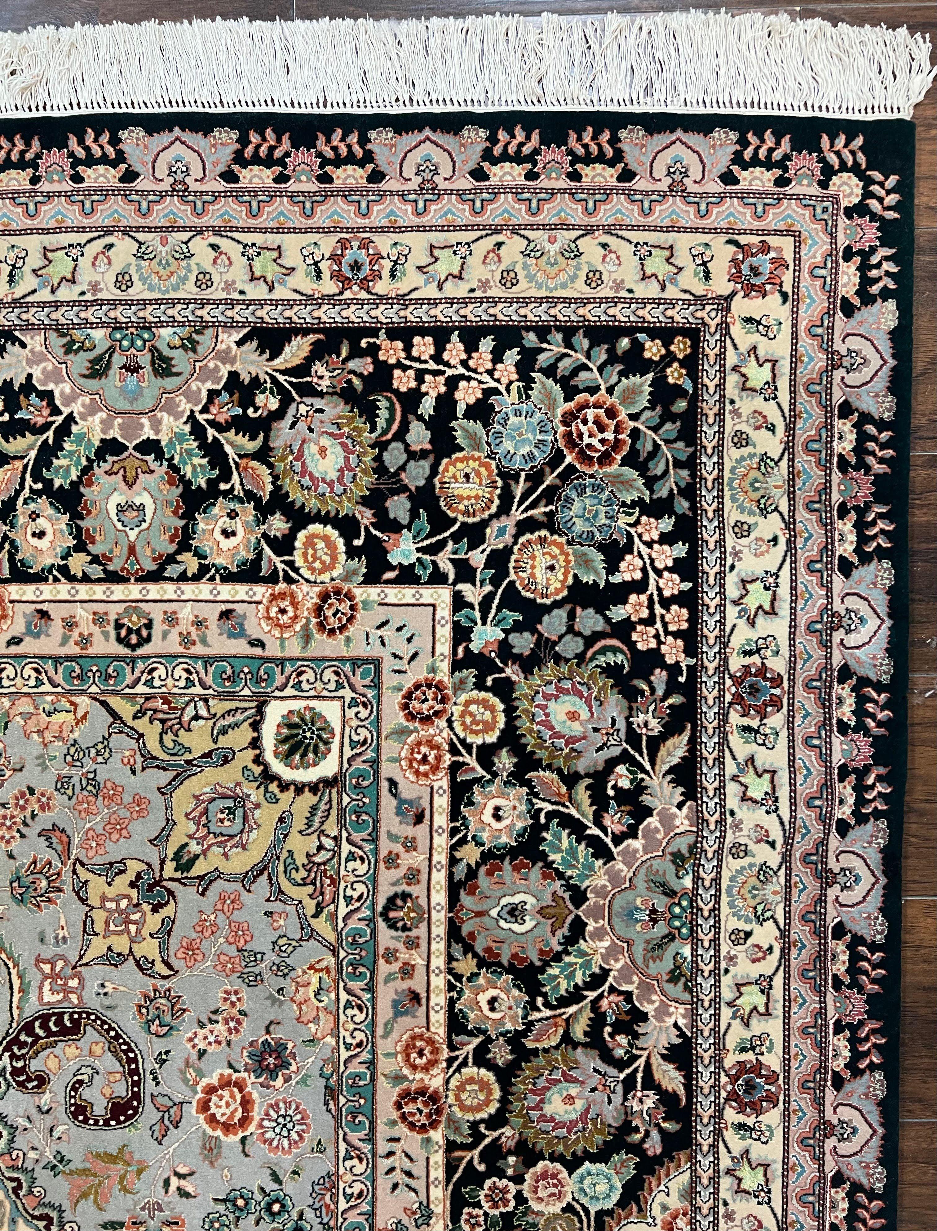 Wonderful Sino Persian Rug 10x14, Wool on Silk Foundation, Very Fine Floral Medallion Oriental Carpet, Dark Green Salmon Pink Light, Wow - Jewel Rugs