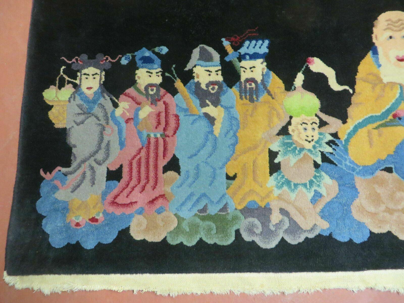 Chinese Wool Pictorial Rug 3x6 Counsel of Wise Elders Philosophers, Vintage Hand Knotted Black Chinese Carpet, Swan, Clouds Confucius, Rare - Jewel Rugs