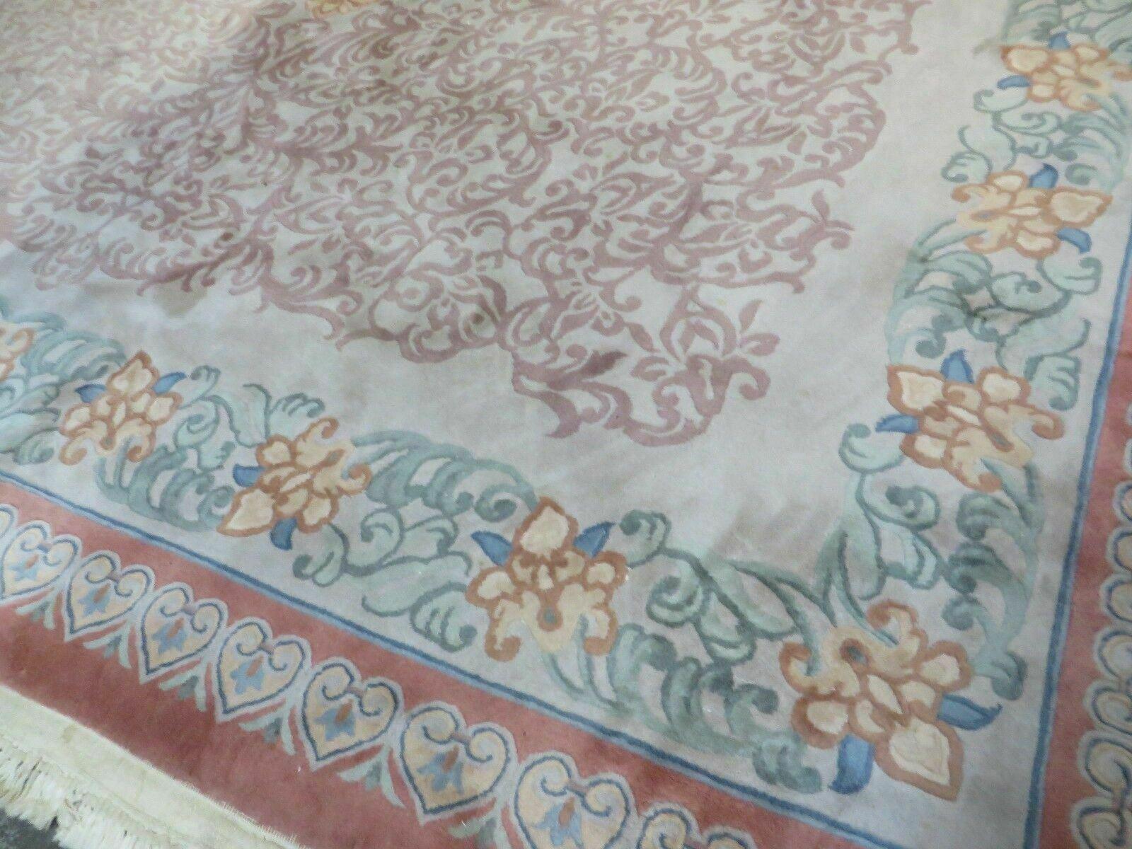 9' X 12' Vintage Handmade Chinese Carving Sculpture Wool Rug Flower Design Pink Carpet - Jewel Rugs