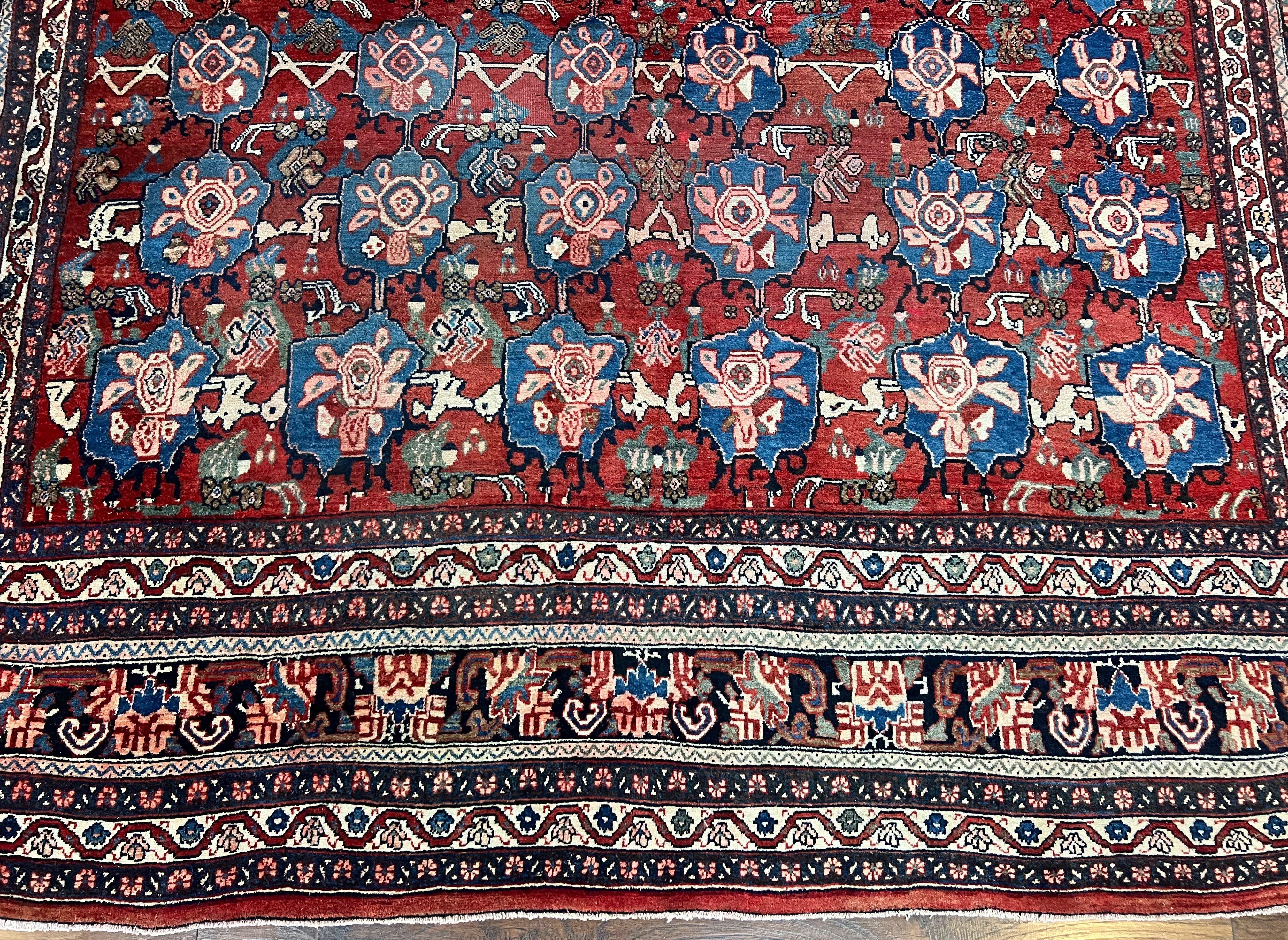 Beautiful Persian Bidjar Rug 9x12, Allover Repeated Motif 9 x 12 ft, Red Blue Cream, Hand Knotted Wool Bijar Oriental Carpet, 1950s Semi Antique Vintage - Jewel Rugs