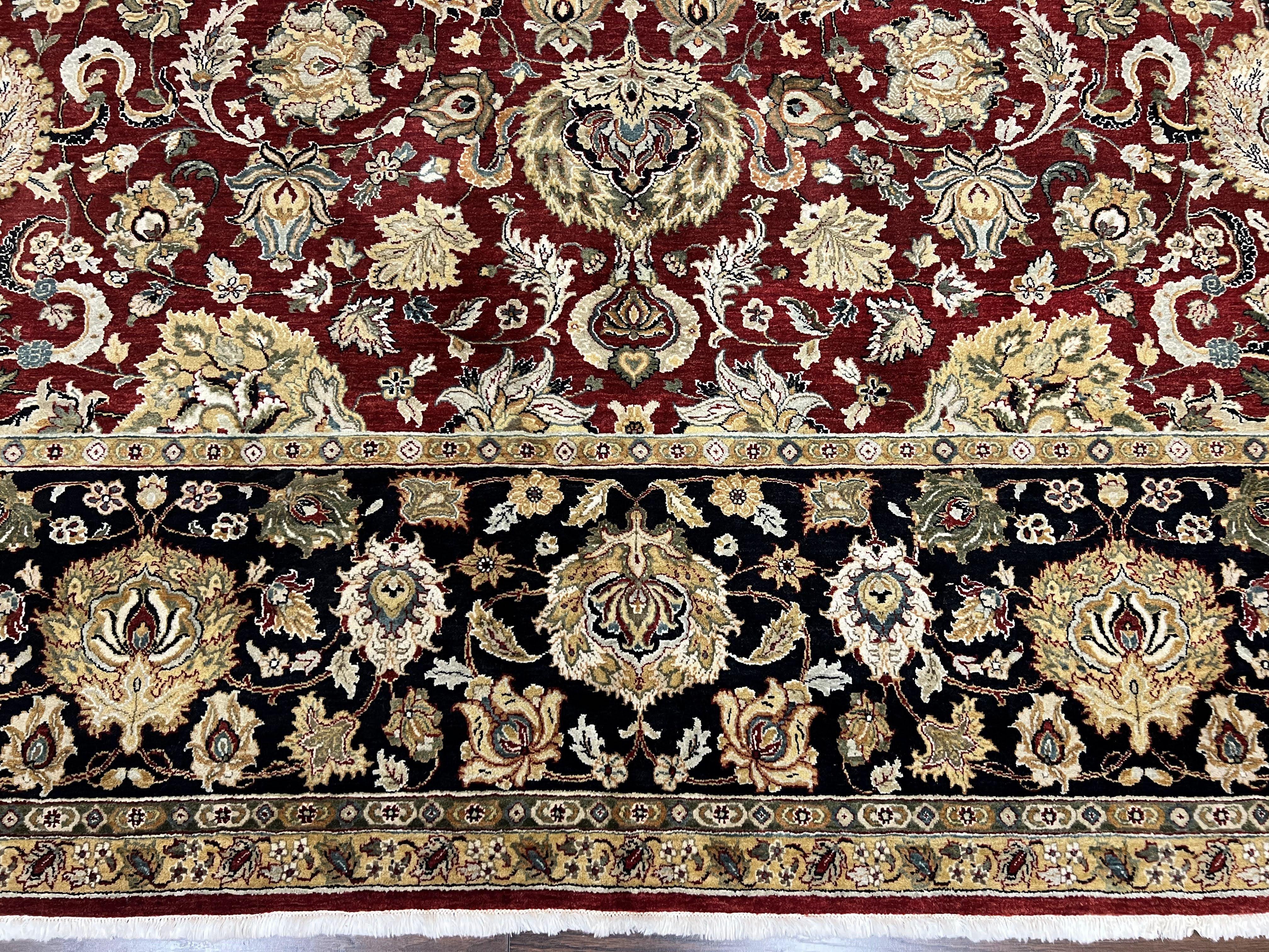 Indo Persian Rug 10x14, Large Oriental Carpet 10 x 14 ft, Dark Red Black Gold Floral Allover Rug, Traditional Room Sized Handmade Wool Rug - Jewel Rugs