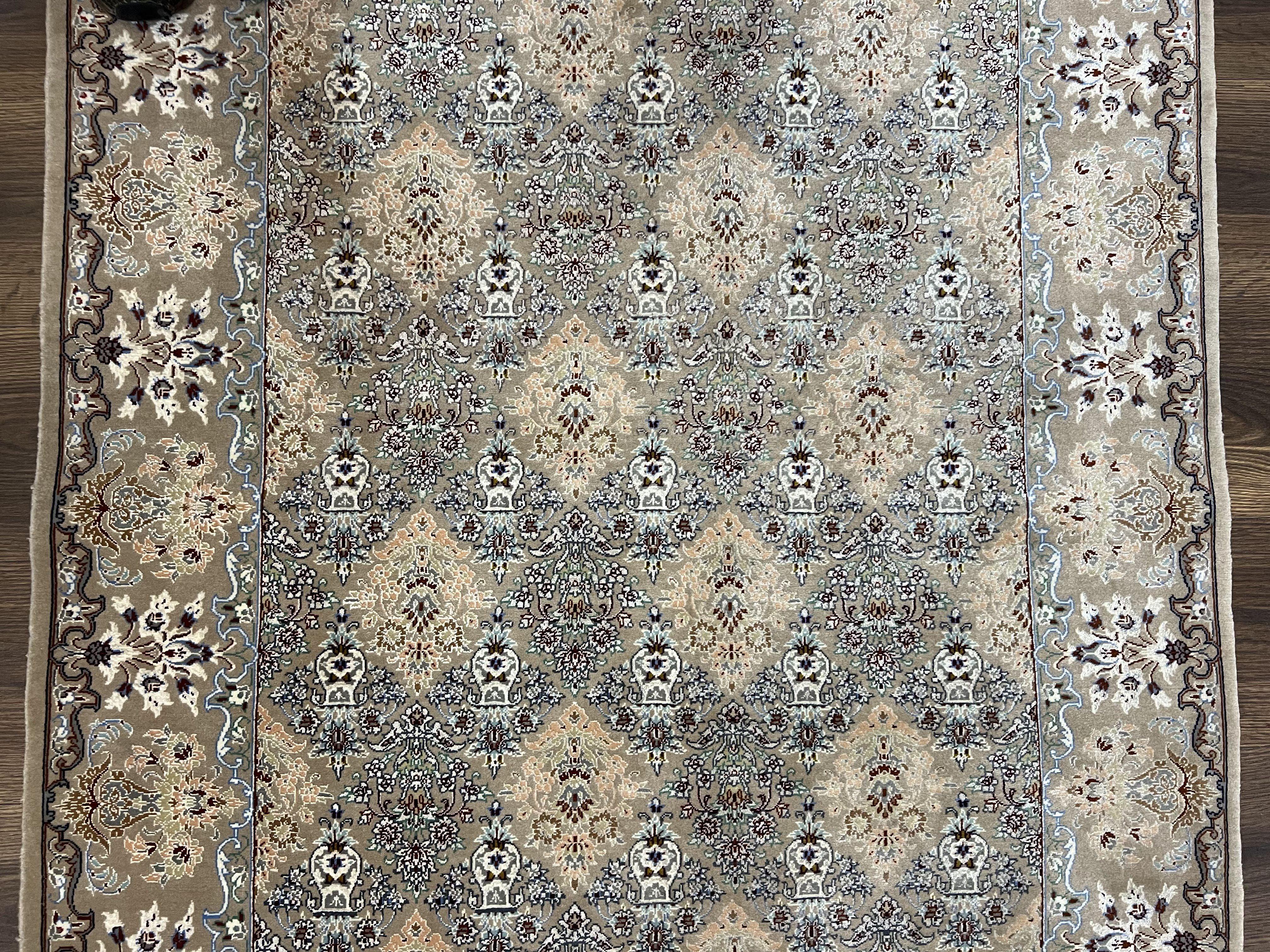 Super Fine Persian Isfahan Rug 3x5 ft, Kork Wool on Silk Foundation, Repeated Floral Motif, Taupe Tan Hand Knotted Oriental Carpet 3 x 5 ft, Signed - Jewel Rugs