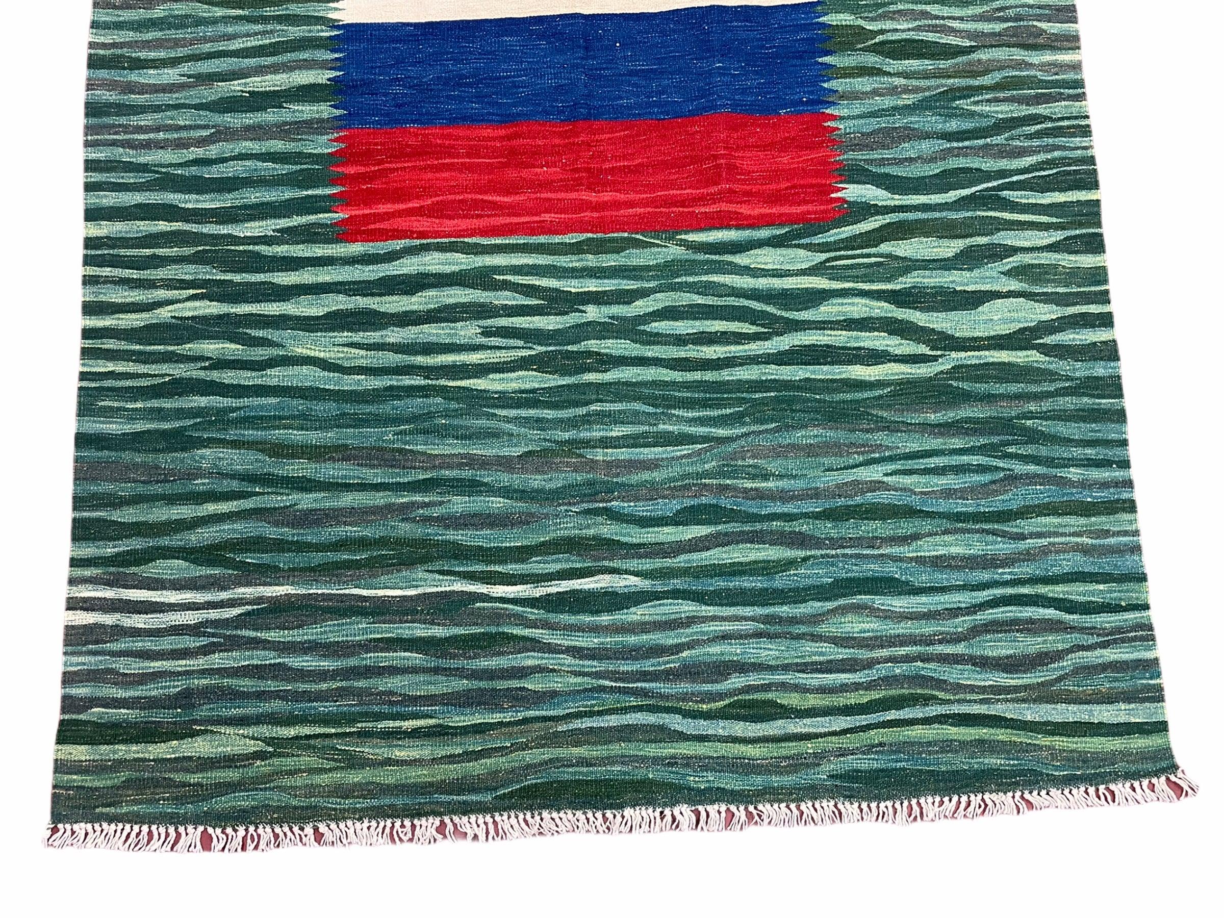 Sea Green Kilim Area Rug, White Blue Red Stripes, Russian Flag Rug, Flatweave Hand Knotted Carpet, Turkish Carpet, Wool, New, 5' 6" x 7' 10" - Jewel Rugs