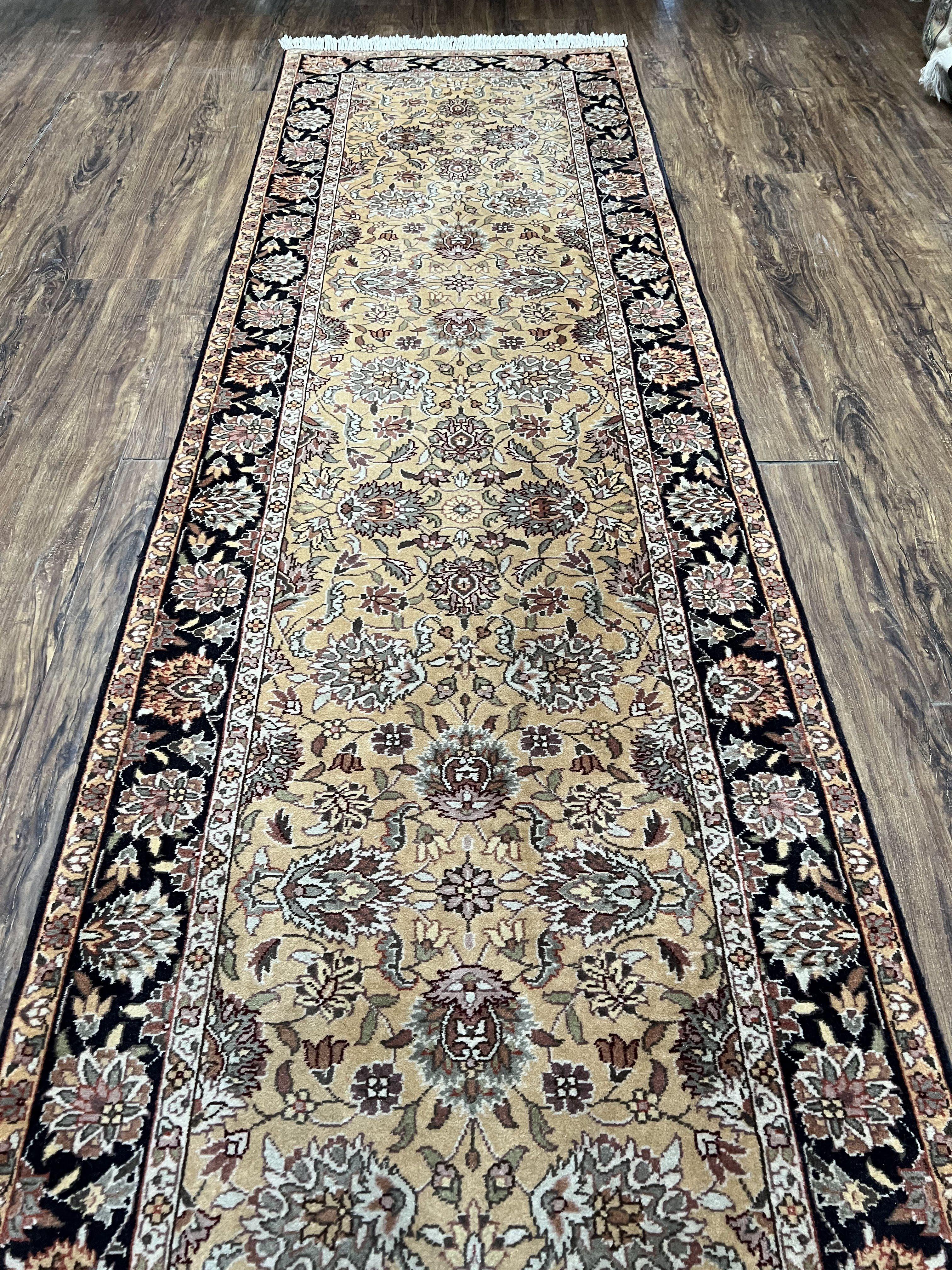 Sino Persian Runner Rug 3 x 10 ft Oriental Runner, Hand Knotted Vintage Hallway Rug, High Quality Wool 10ft Runner, Tan Black Allover Floral - Jewel Rugs