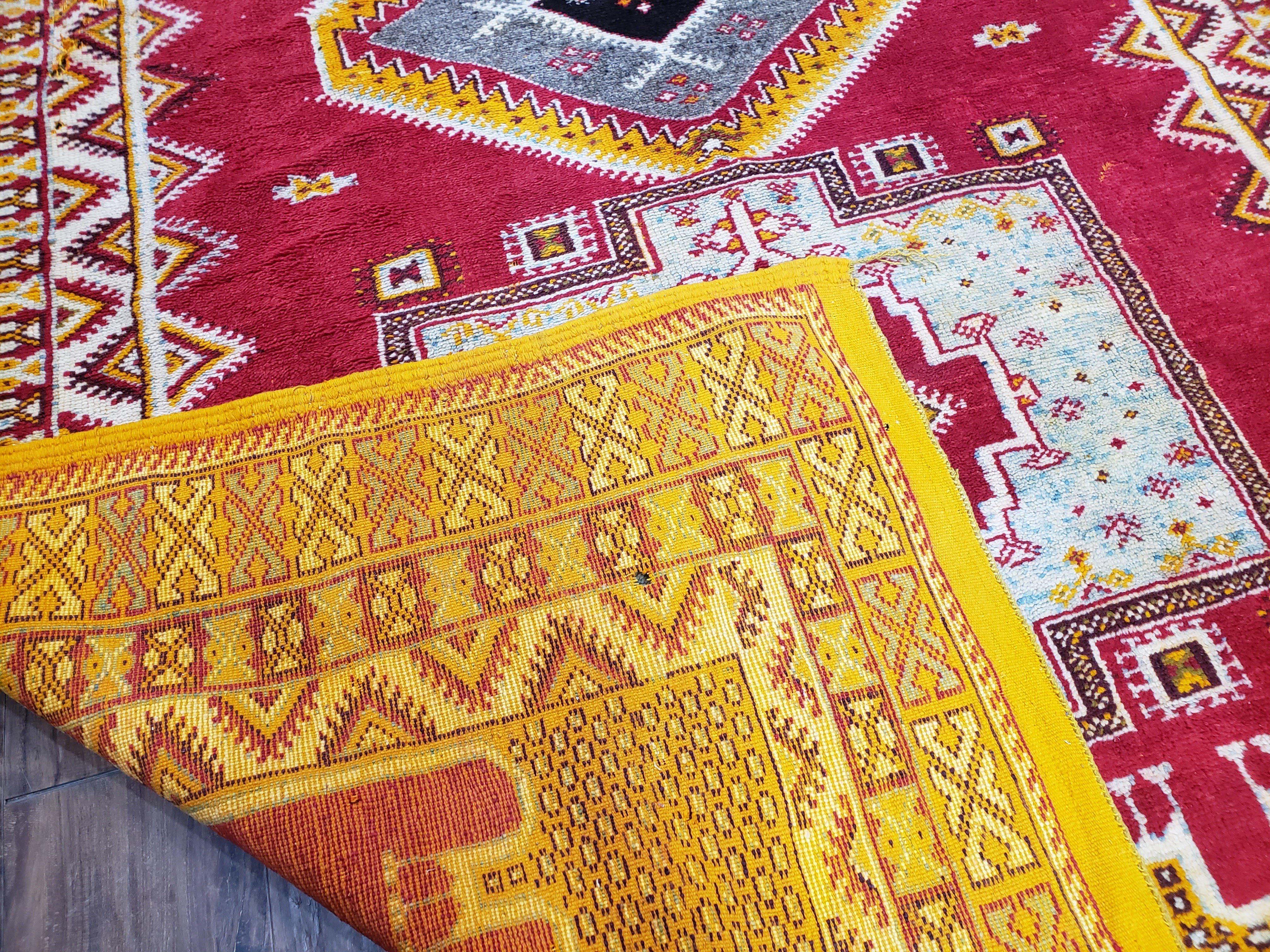 Vintage Moroccan Rug 6x10, Red and Yellow Moroccan Carpet, Handmade Bohemian Tribal Area Rug, Hand-Knotted 1970s Wool Rug, Medalions - Jewel Rugs