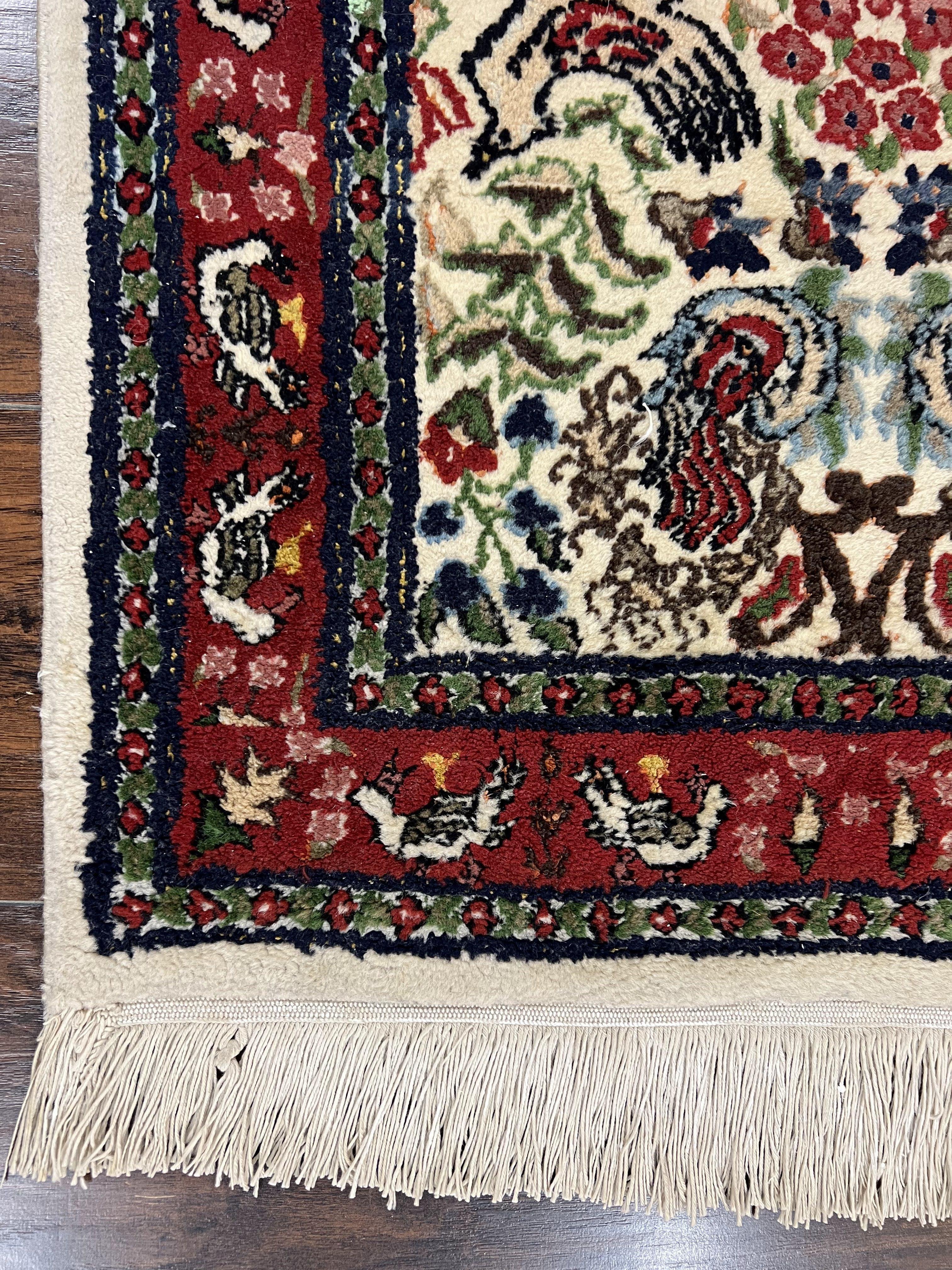 Small Indo Persian Rug 2x3 ft, Wool with Silk Highlights, Animal Pictorial Motifs Birds Vase Flowers, Cream and Maroon, Hand Knotted Fine - Jewel Rugs