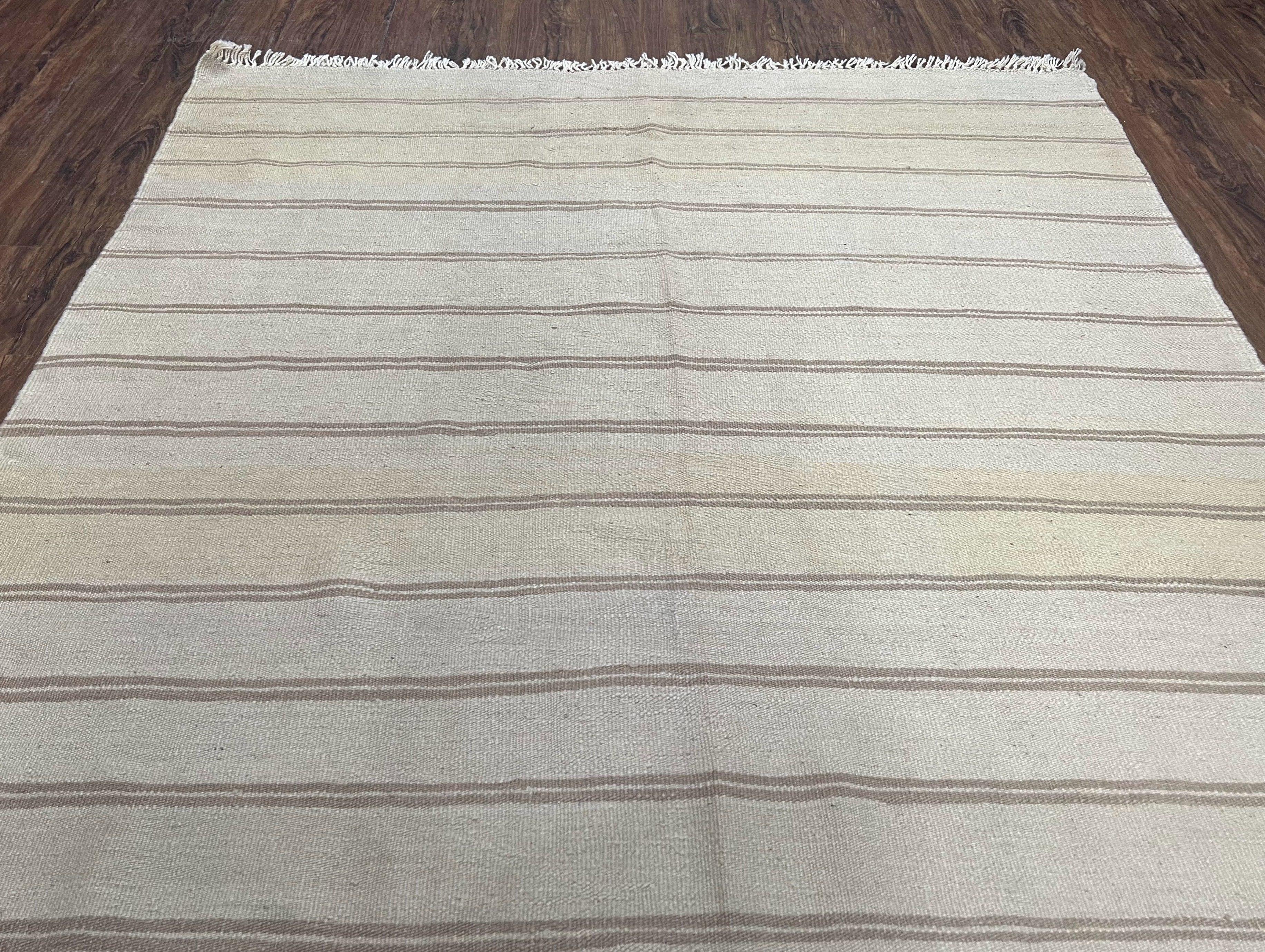 New Turkish Kilim Rug 5x8 Flatweave Carpet, Bohemian Rug, Contemporary Rug, Hand Woven, Wool Area Rug, Gray and Taupe, Striped Pattern - Jewel Rugs