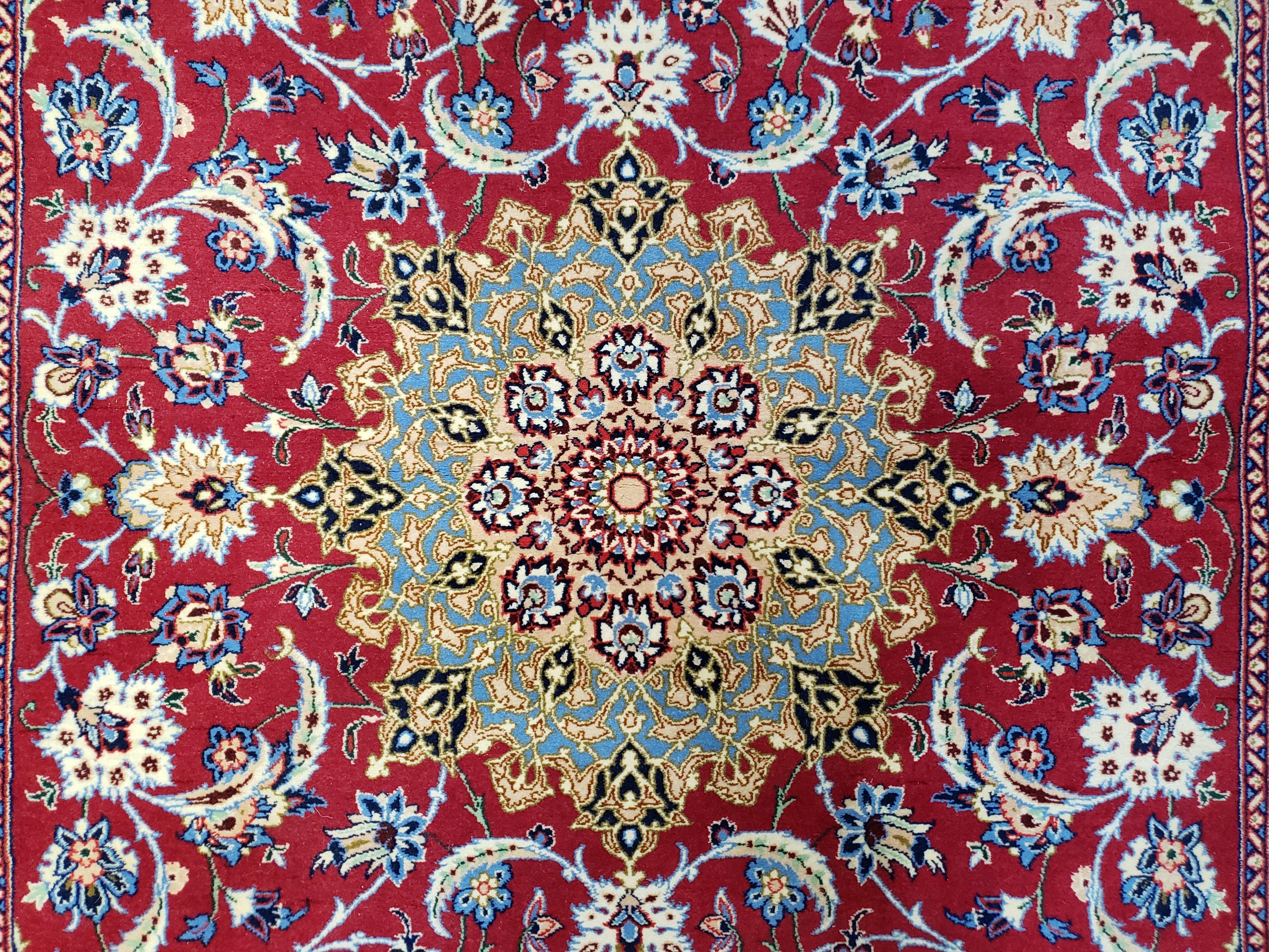 Semi Antique Persian Isfahan Rug, Kork Wool on Silk Foundation, Red & Blue, Top Quality, 3'6" x 5' 6" - Jewel Rugs