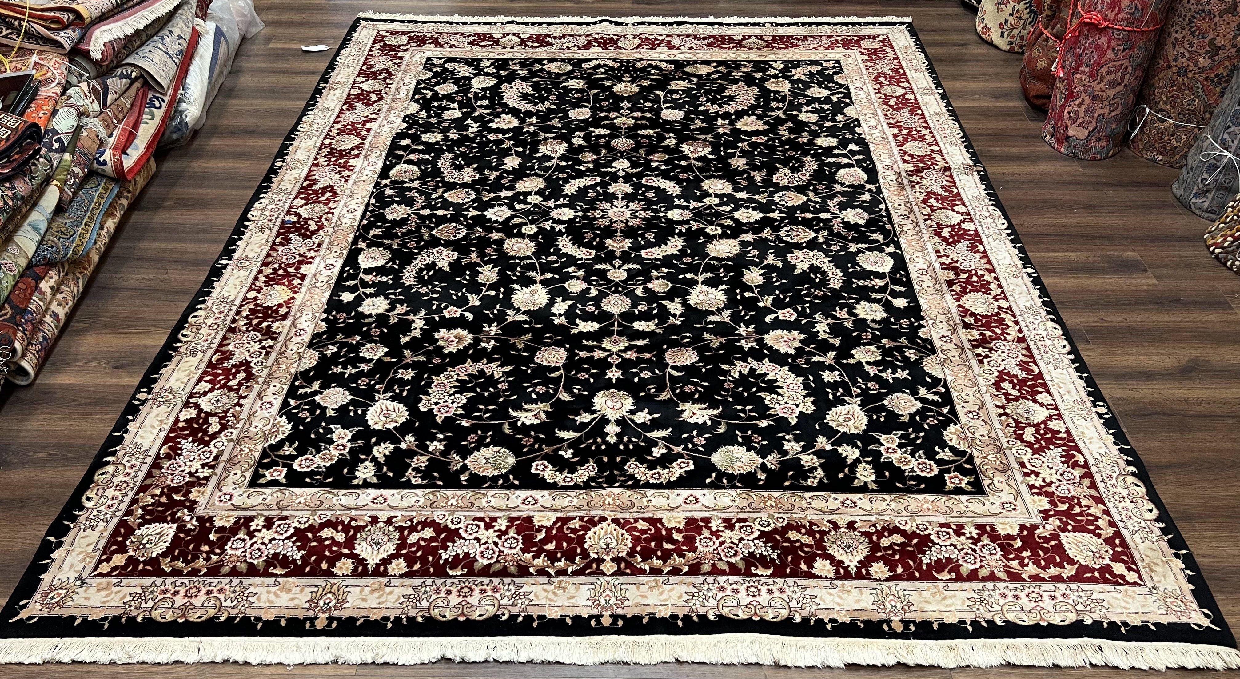 Sino Persian Rug 9x12, High Quality Oriental Carpet, Black and Maroon, Wool and Silk, Allover Floral Pattern, Hand Knotted, Vintage Rug Nice - Jewel Rugs