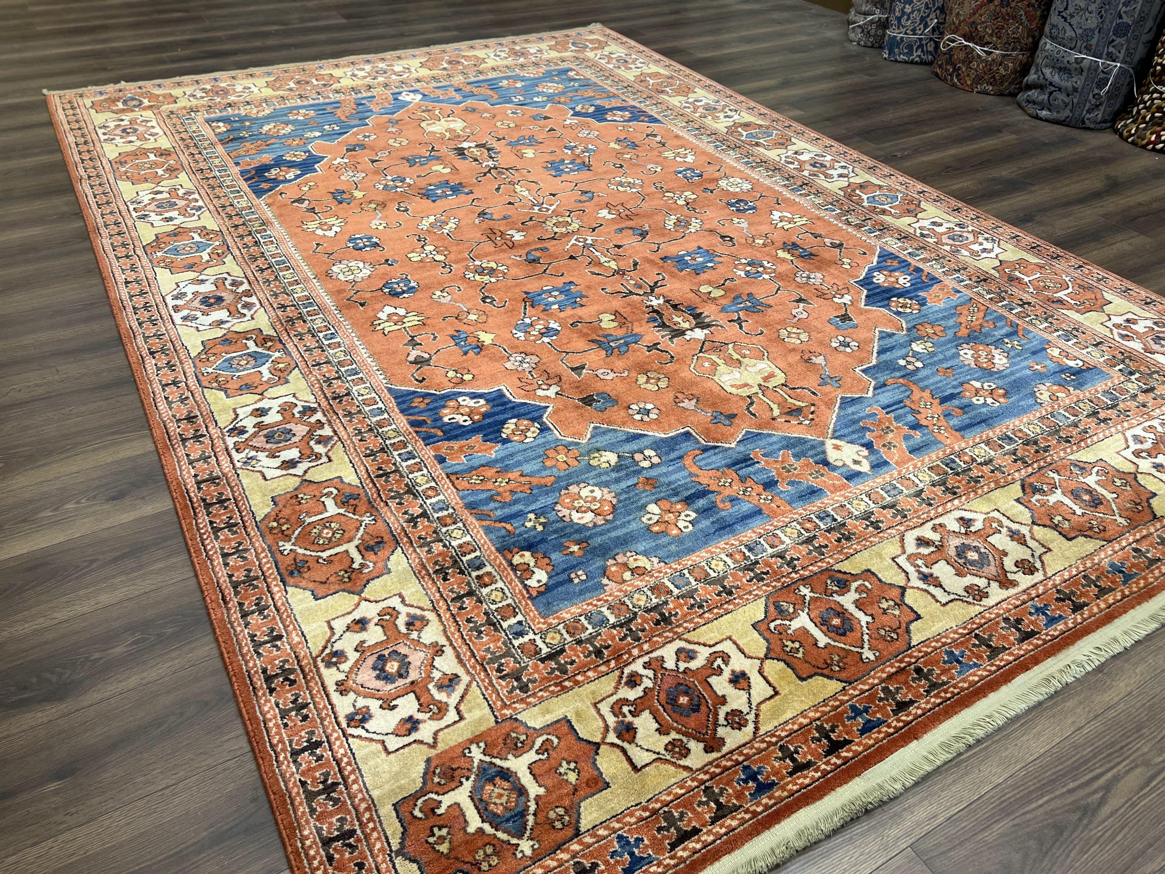 Karastan Rug 8' 2" x 11' 9", Karastan Williamsburg Rug Pattern #553 Turkish Church, Salmon Blue Golden Tan, Wool Karastan Carpet, Room Sized - Jewel Rugs