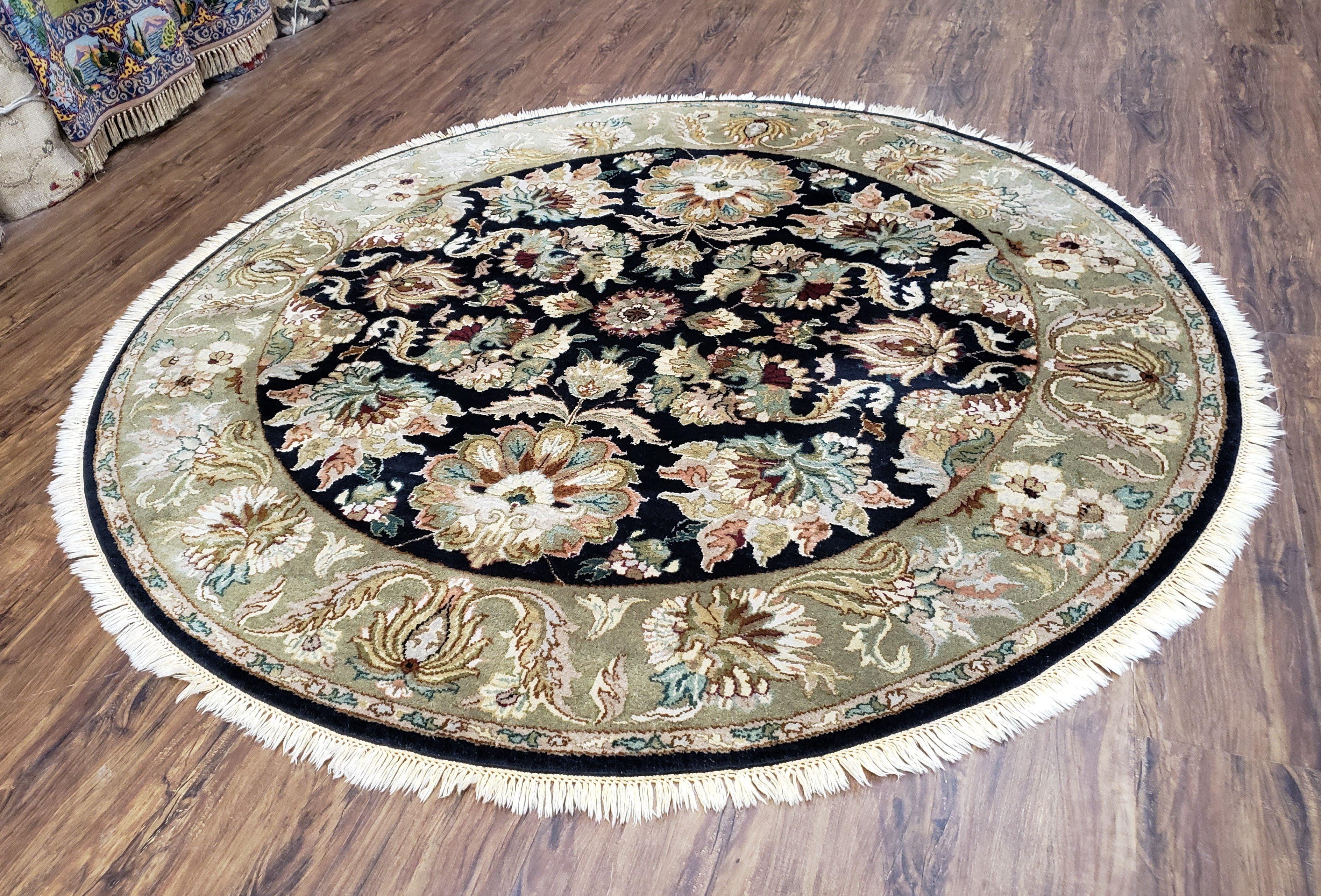 Round Indo Mahal Rug, 6ft Round Rug, Round Oriental Carpet, Black Circular Rug, Handmade Hand Knotted, Large Flowers, 6x6 Round Wool Rug - Jewel Rugs