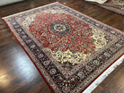 Fine Sino Persian Rug 7x10 ft, Floral Central Medallion Oriental Carpet, Red Navy Blue Cream, Hand Knotted Wool Traditional Vintage Rug - Jewel Rugs