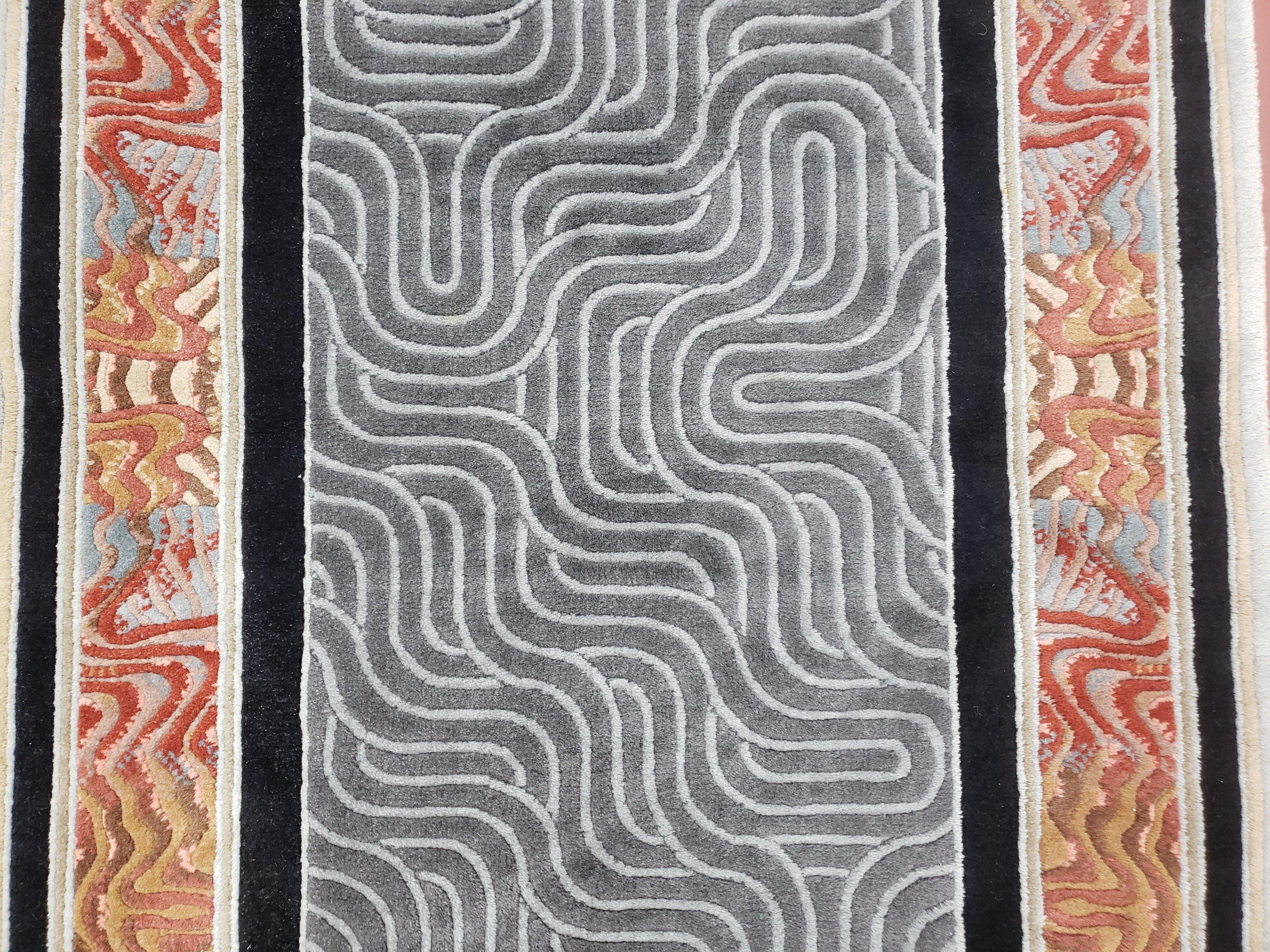 Vintage Chinese Art Deco Accent Rug 3x5, Wool Hand-Knotted, Black & Slate Gray Modern Abstract Asian Oriental Carpet, 3 x 5 Foyer Room Rug - Jewel Rugs