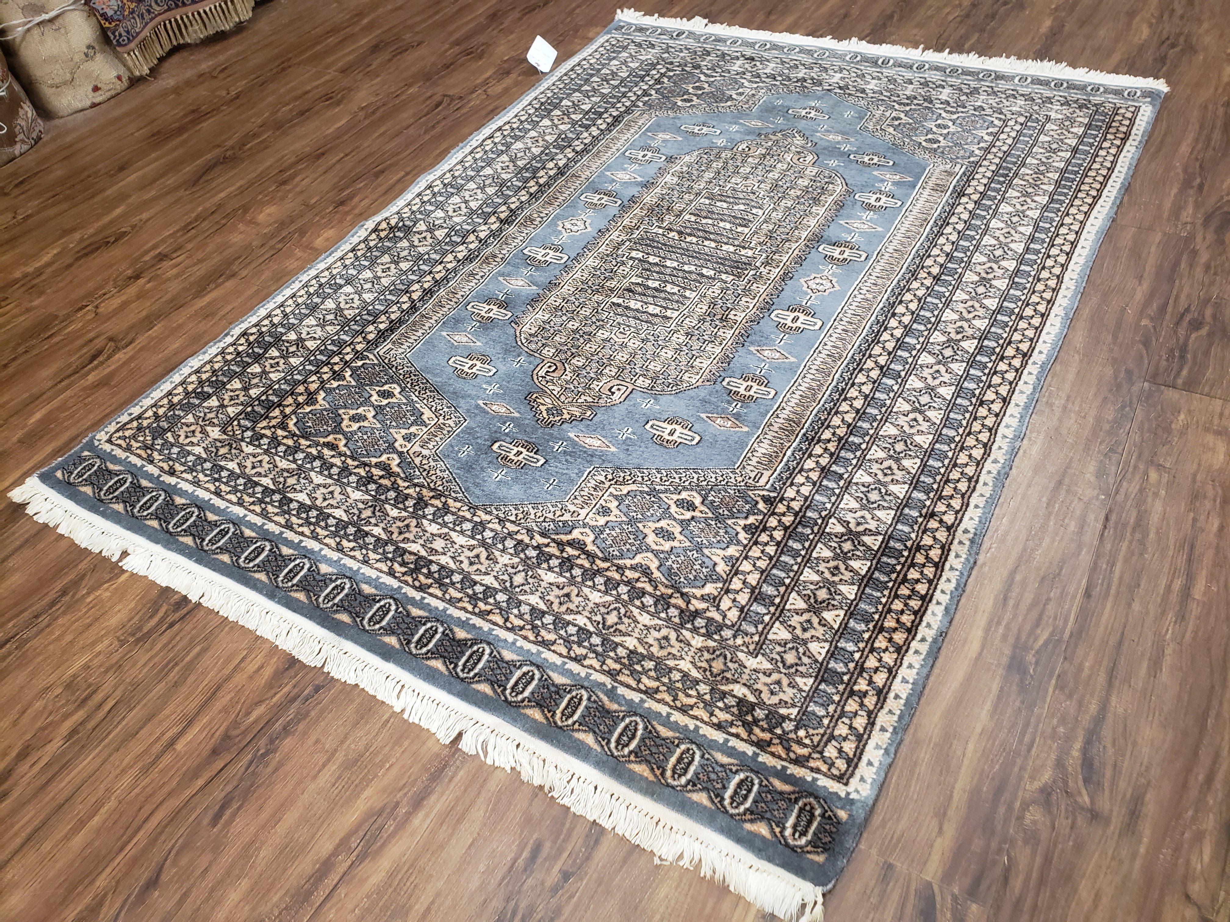 Pakistani Turkoman Rug, 4x6 Rug, Handmade Wool Area Rug, Pigeon Blue and Cream, Vintage Bokhara Rug, Small Hand Knotted Oriental Carpet - Jewel Rugs