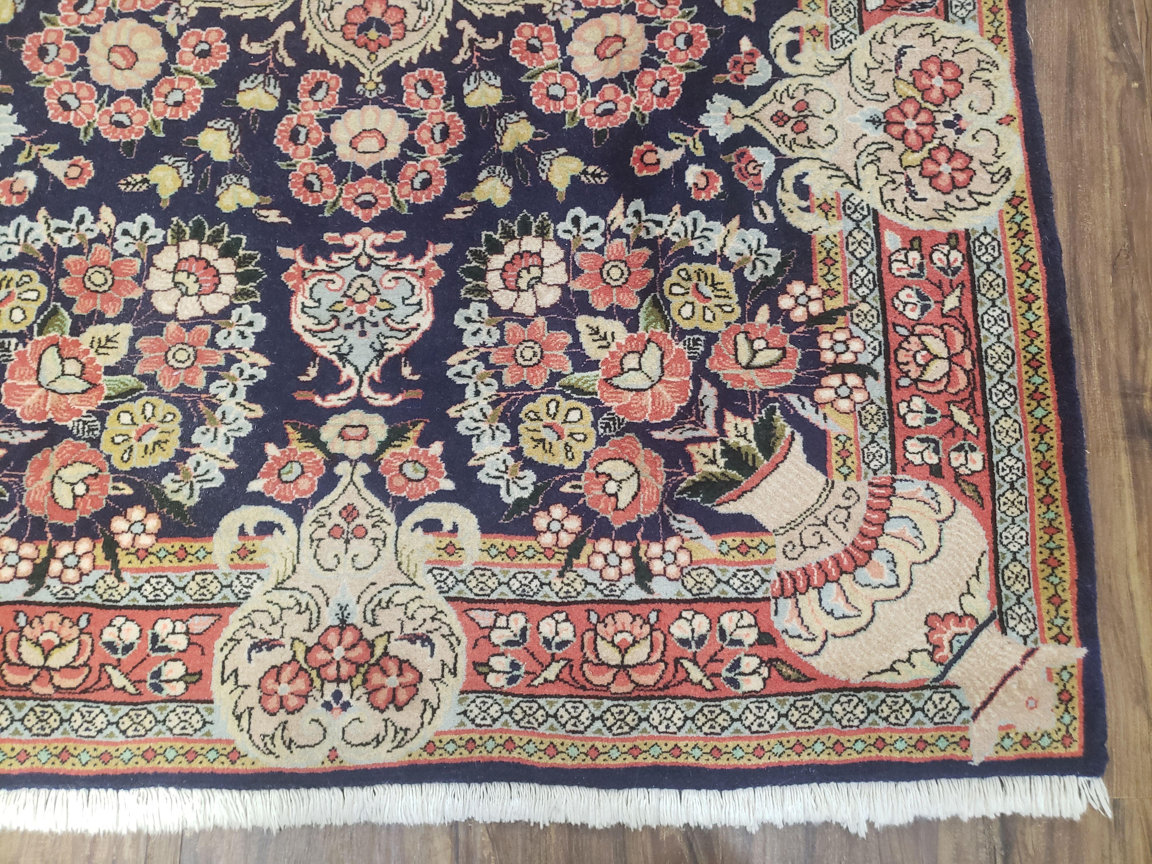 Semi Antique Persian Sarouk Rug, Vases & Flower Design, Dark Blue & Pale Red, Hand-Knotted, Wool, 3'8" x 5'3" - Jewel Rugs