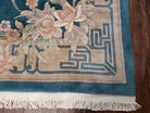 Chinese Carving Rug, 8x10 Rugs, Teal and Beige Chinese Carpet, Chinese 90 Line Rug, Vintage Chinese Art Deco Wool Rug, Handmade Rug, Floral - Jewel Rugs