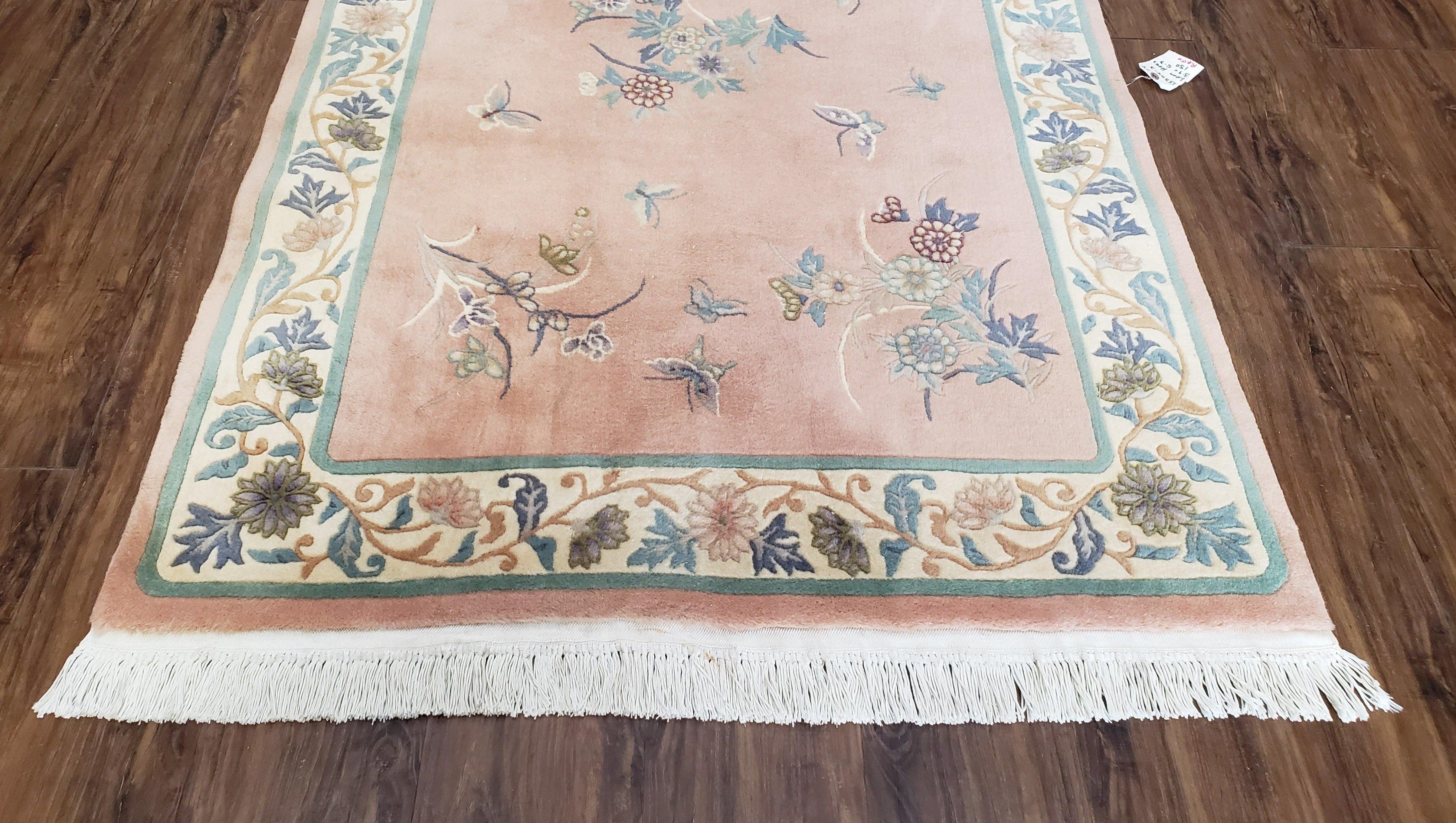 Chinese Carving Rug 3'9" x 5' 9", Vintage Handmade Art Deco Rug 90 Line Carpet, 4x6, Pink Cream Teal, Flowers Butterflies, Pretty, Soft Pile - Jewel Rugs