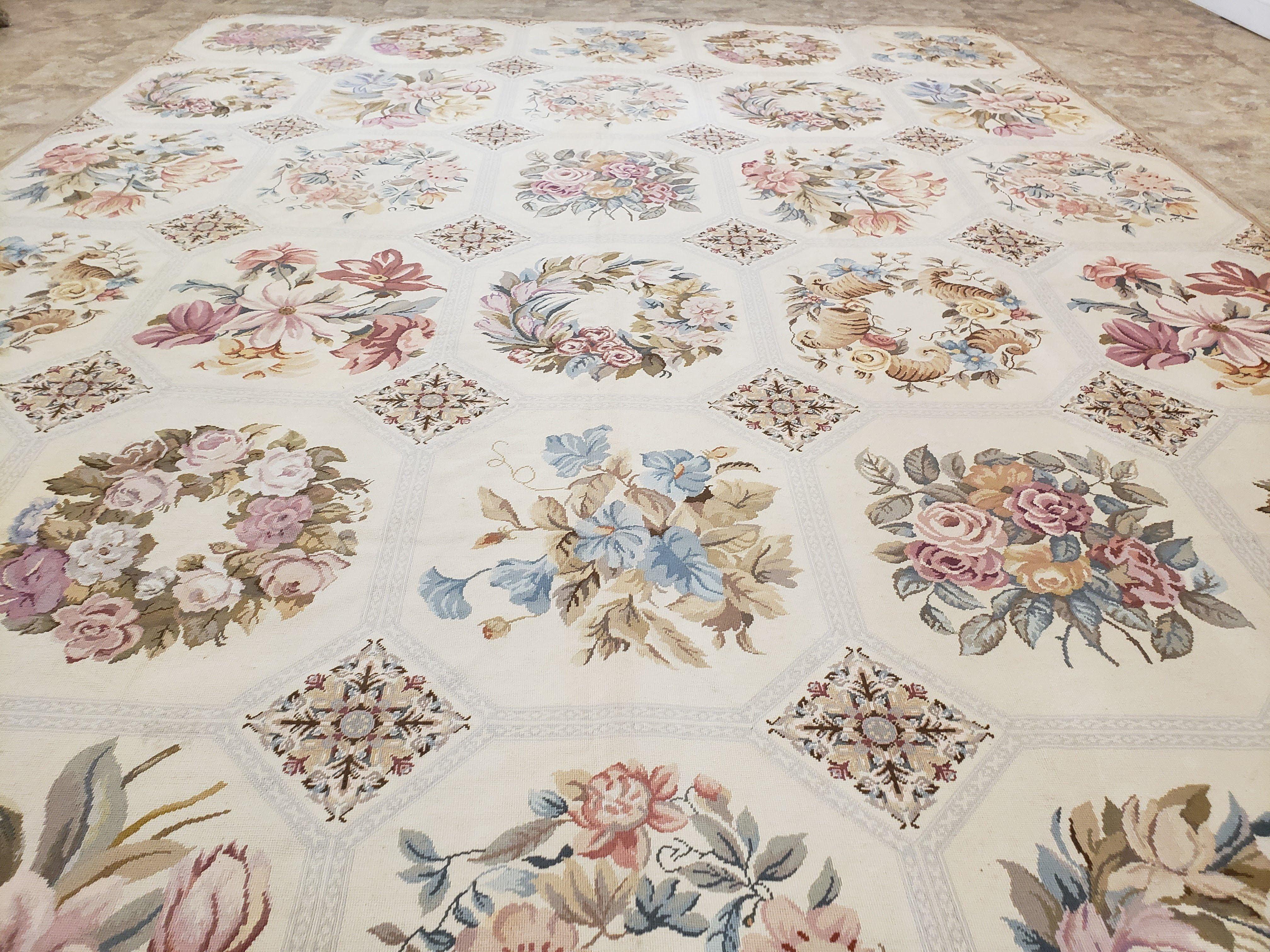 New Needlepoint Rug, 10x13 Needlepoint Carpet, Floral Panel Design, Beige, Multicolor Flowers, Handmade Hand Woven, Flatweave, No Pile, Wool - Jewel Rugs