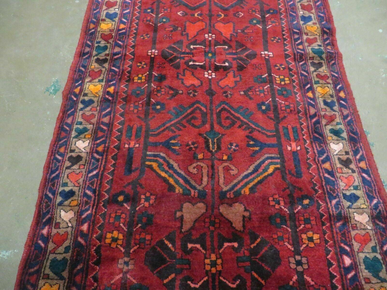 Persian Runner Rug 3.4 x 9.7, Persian Nahavand Hamadan Runner, Antique Wool Oriental Tribal Runner, Handmade Hand Knotted Runner, Red Navy Blue, Hallway Kitchen Runner - Jewel Rugs