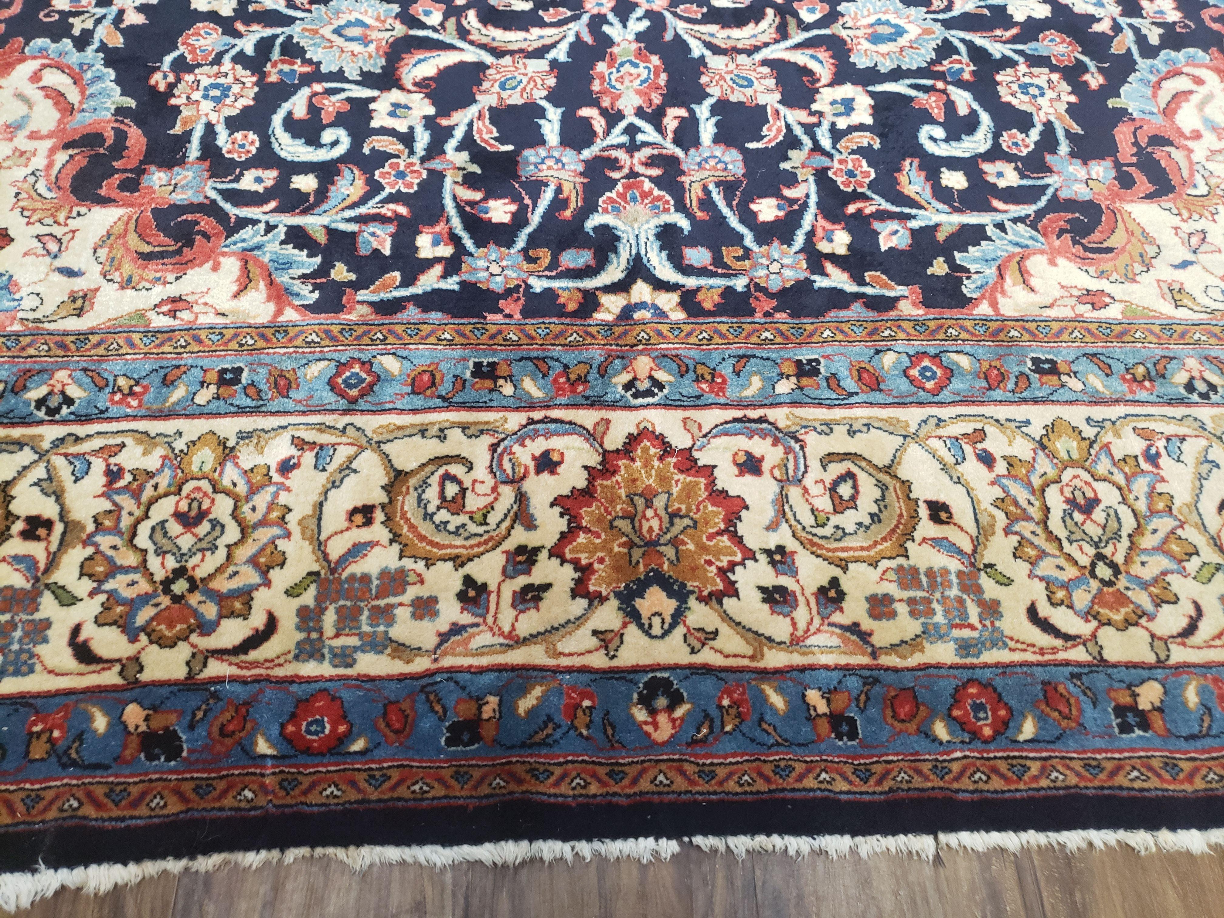 Semi Antique Persian Sarouk Rug, Dark Blue - Red - Beige, Hand-Knotted, Wool, 8'9" x 11'7" - Jewel Rugs