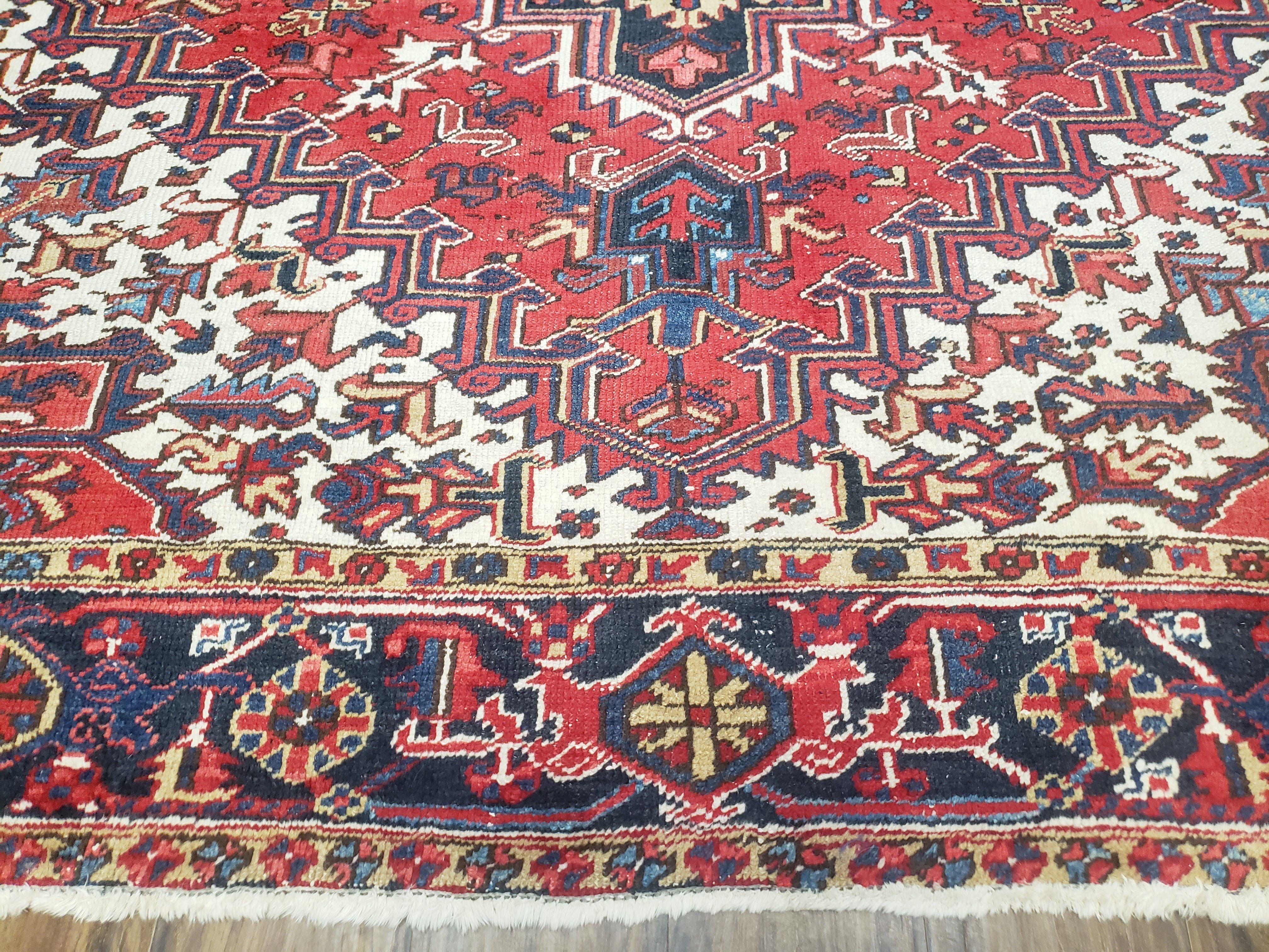 Semi Antique Persian Heriz Rug, Red Ivory & Blue, Hand-Knotted, Wool, 8'4" x 10'8" - Jewel Rugs