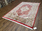 Vintage Kashmiri Silk Rug 5x7, Red & Ivory Hand-Knotted Silk Carpet, Silk Oriental Rug 5 x 7, Traditional Indian Kashmiri Fine Area Rug - Jewel Rugs