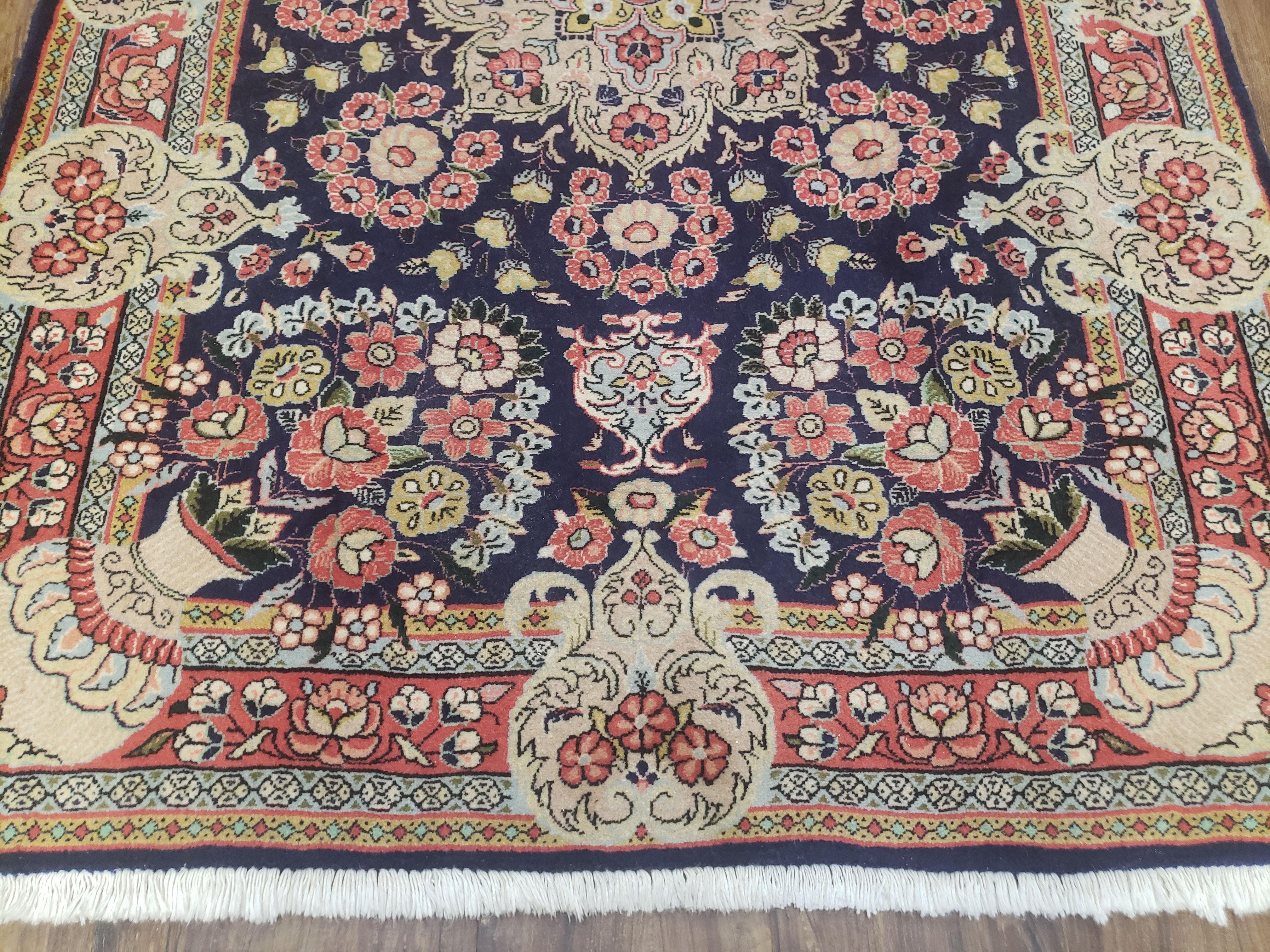 Semi Antique Persian Sarouk Rug, Vases & Flower Design, Dark Blue & Pale Red, Hand-Knotted, Wool, 3'8" x 5'3" - Jewel Rugs