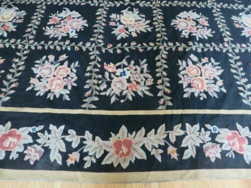 8' X 10' Handmade French Garden Aubusson Savonnerie Design Black Needlepoint Rug - Jewel Rugs