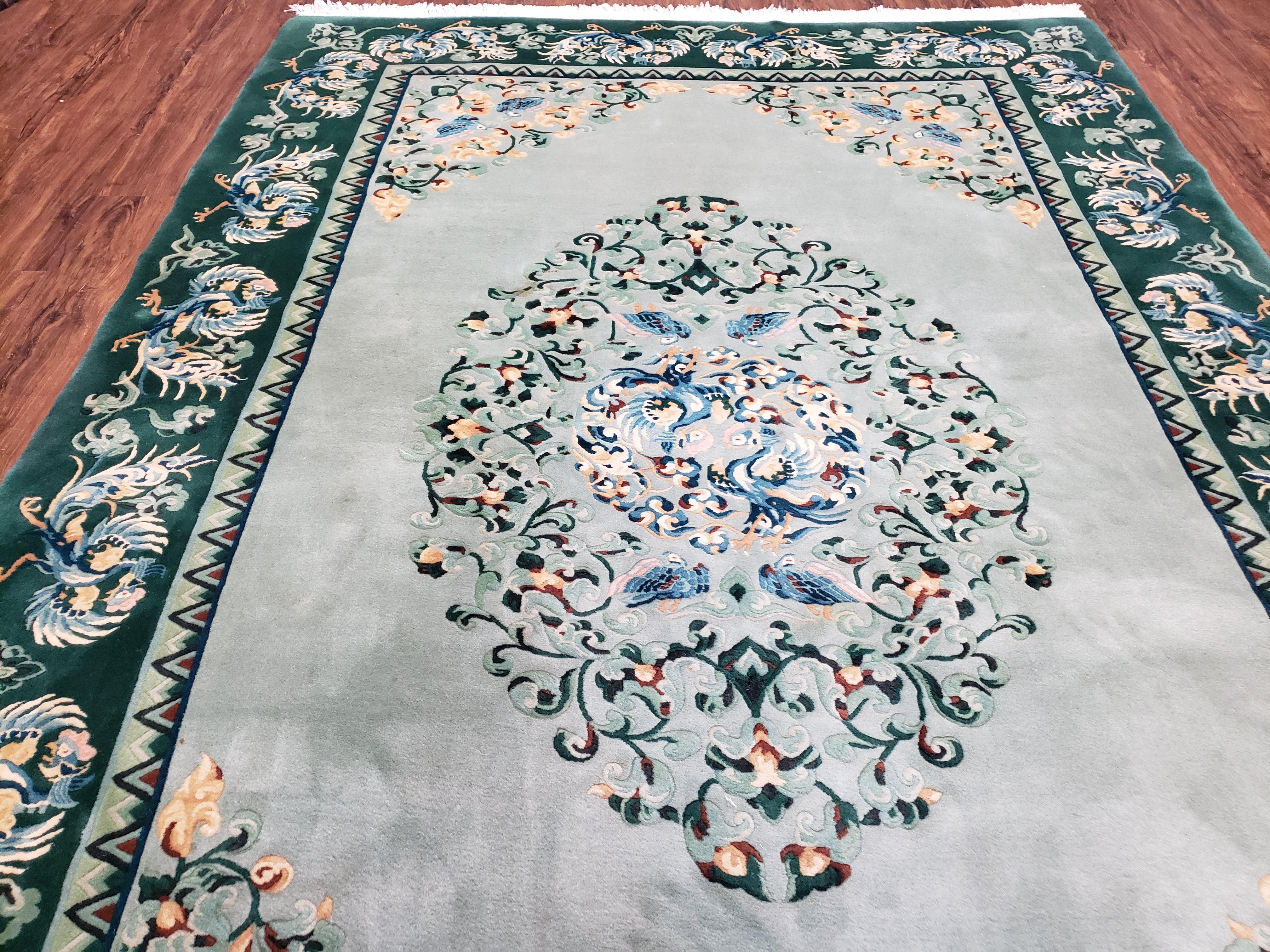 Vintage Light Teal & Green Chinese Art Deco Area Rug 6x9, Wool Hand-Knotted Carpet, 6 x 9 Nichols Rug, 1950s Birds Phoenix Rug, Pair A - Jewel Rugs