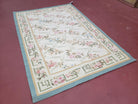 Vintage Aubusson Area Rug, Aubusson Flat weave Carpet, Floral Geometric Pattern, Beige Teal Green, 4x6 Rug, European Design - Jewel Rugs