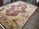 Persian Rug 9x12, Kirman DeLuxe, Millefleur Floral Medallion Carpet, Maroon Light Blue Beige, Semi Antique Authentic Hand Knotted Wool Rug - Jewel Rugs