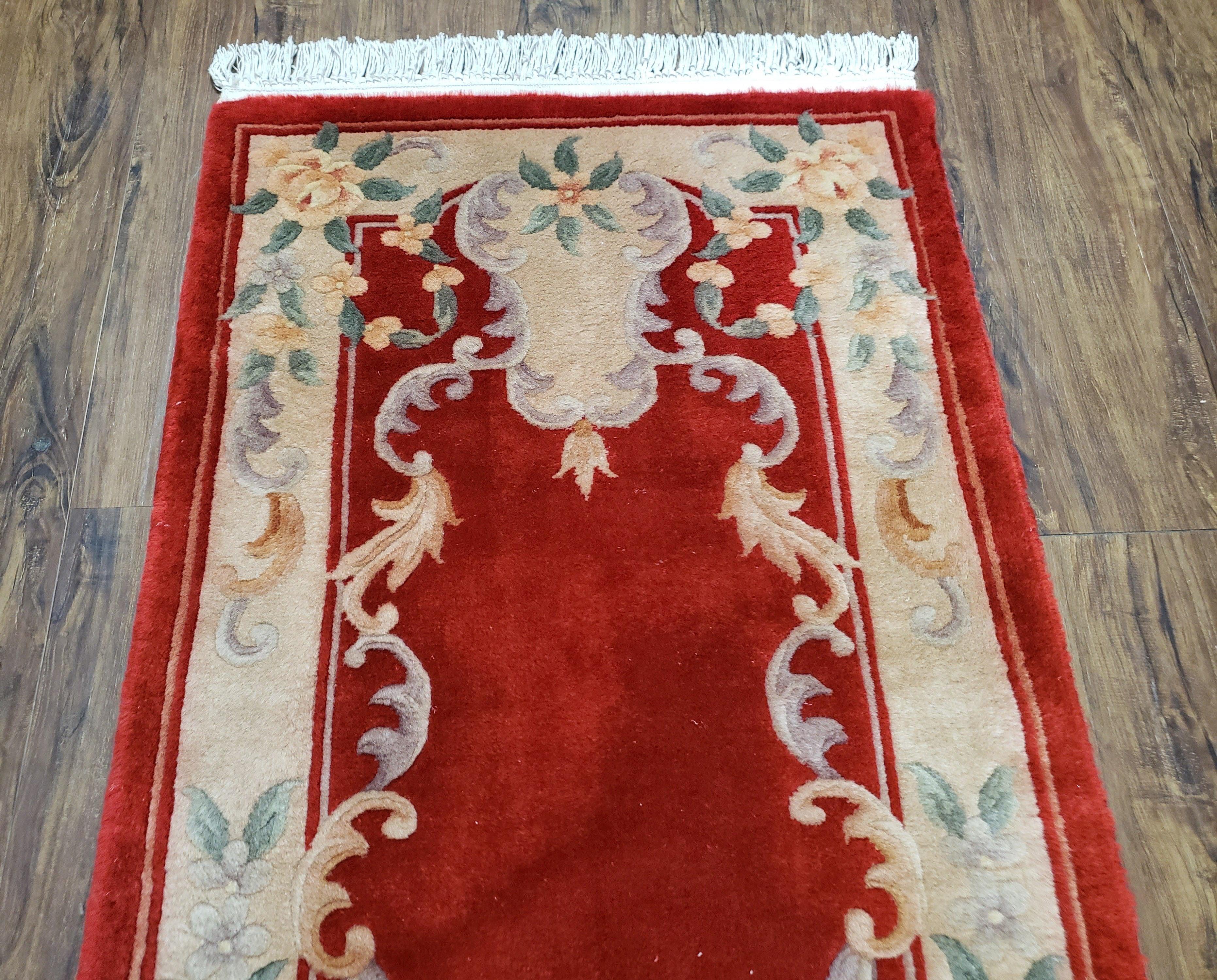 Vintage Chinese Carving Runner Rug 2'4" x 10', Wool Hand-Knotted Red & Beige Asian Art Deco Oriental Carpet, 10ft Soft Hallway Runner Rug - Jewel Rugs