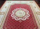 Aubusson Rug 9x12 ft, Red and Ivory Elegant Aubusson Carpet, Flatweave, Vintage Wool Handmade Area Rug 9 x 12, French European Design - Jewel Rugs