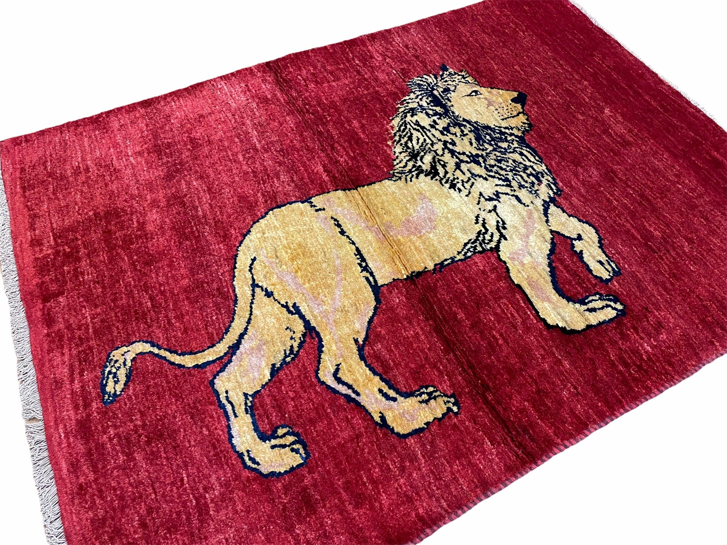 3 X 5 Handmade Hand-Knotted Quality Wool Rug New Vintage Lion Red Pictorial - Jewel Rugs