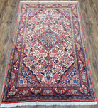 Semi Antique Persian Bidjar Rug, Ivory Red & Blue, Floral, Hand-Knotted, Wool, 3'4" x 5'3" - Jewel Rugs