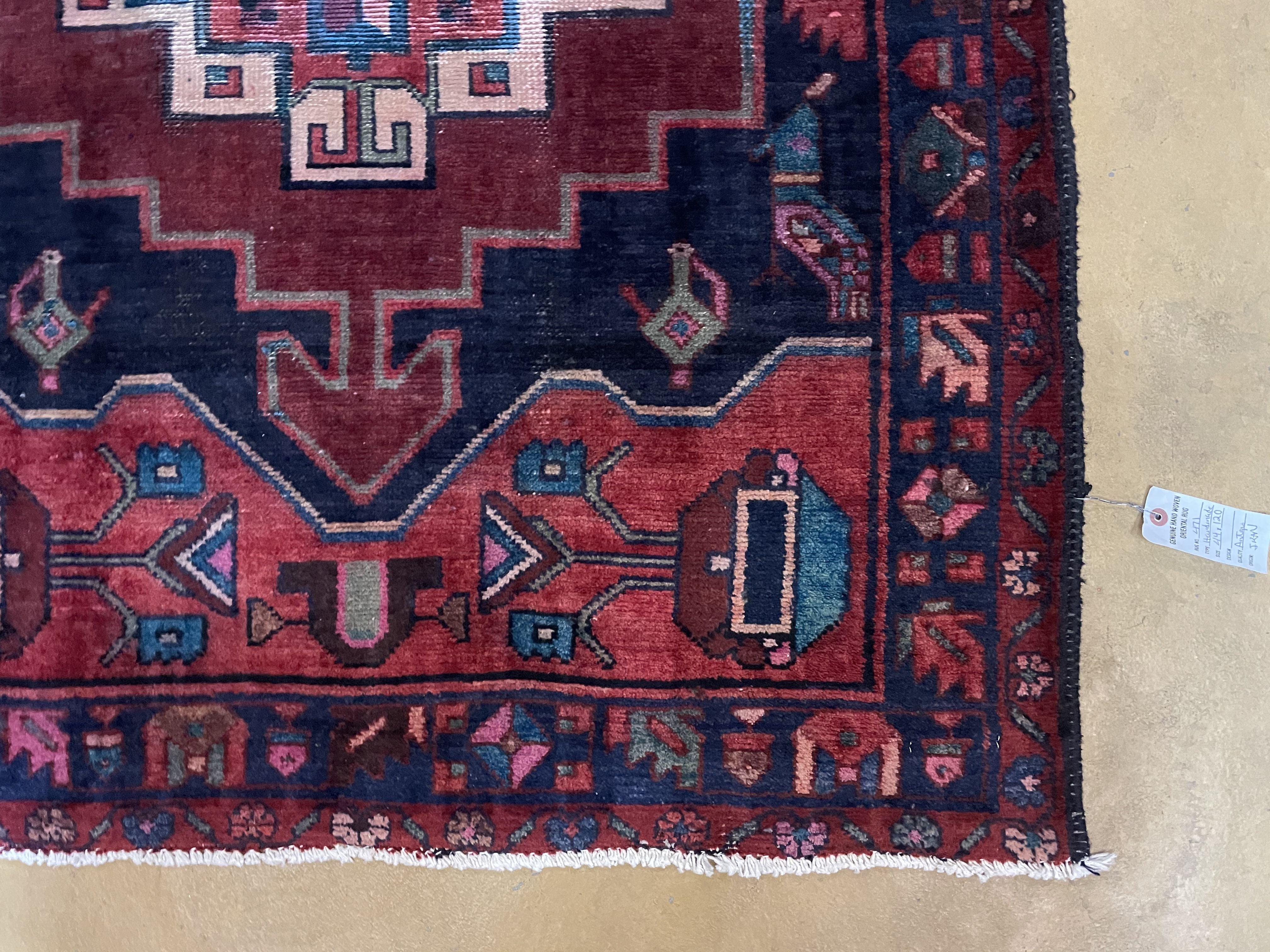 Persian Runner Rug 3.8 x 10, Persian Hamadan Nahavand Runner, Karabagh Design, Antique Wool Tribal Runner, Geometric Medallions, Handmade Hand Knotted Wide Runner, Navy Blue Red, Birds - Jewel Rugs