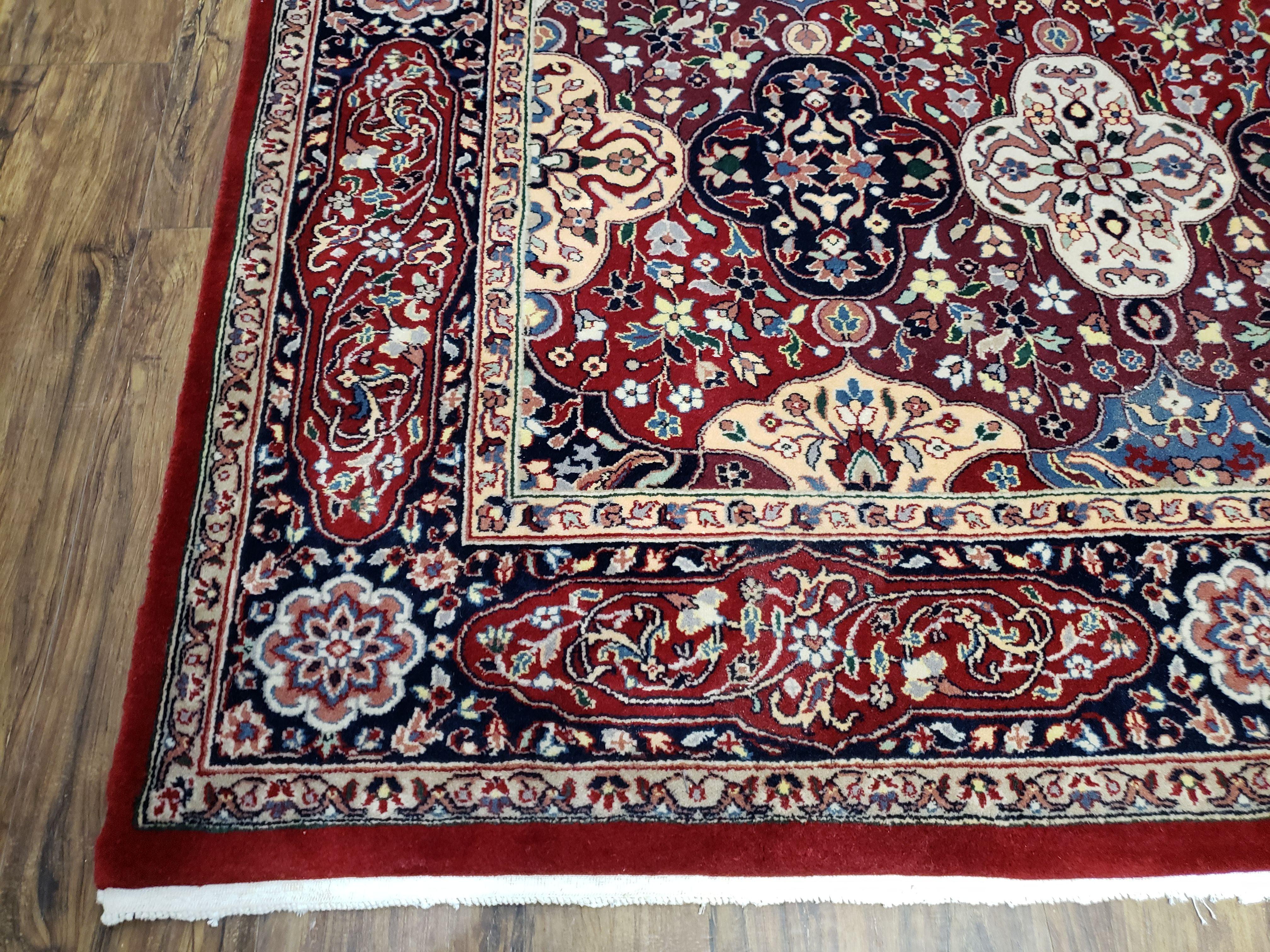 Vintage Indian Area Rug, Persian Design, Hand-Knotted Wool Carpet, Red Indo-Kirman Panel Design Rug, Birds, Floral, 6x9 Rug - Jewel Rugs