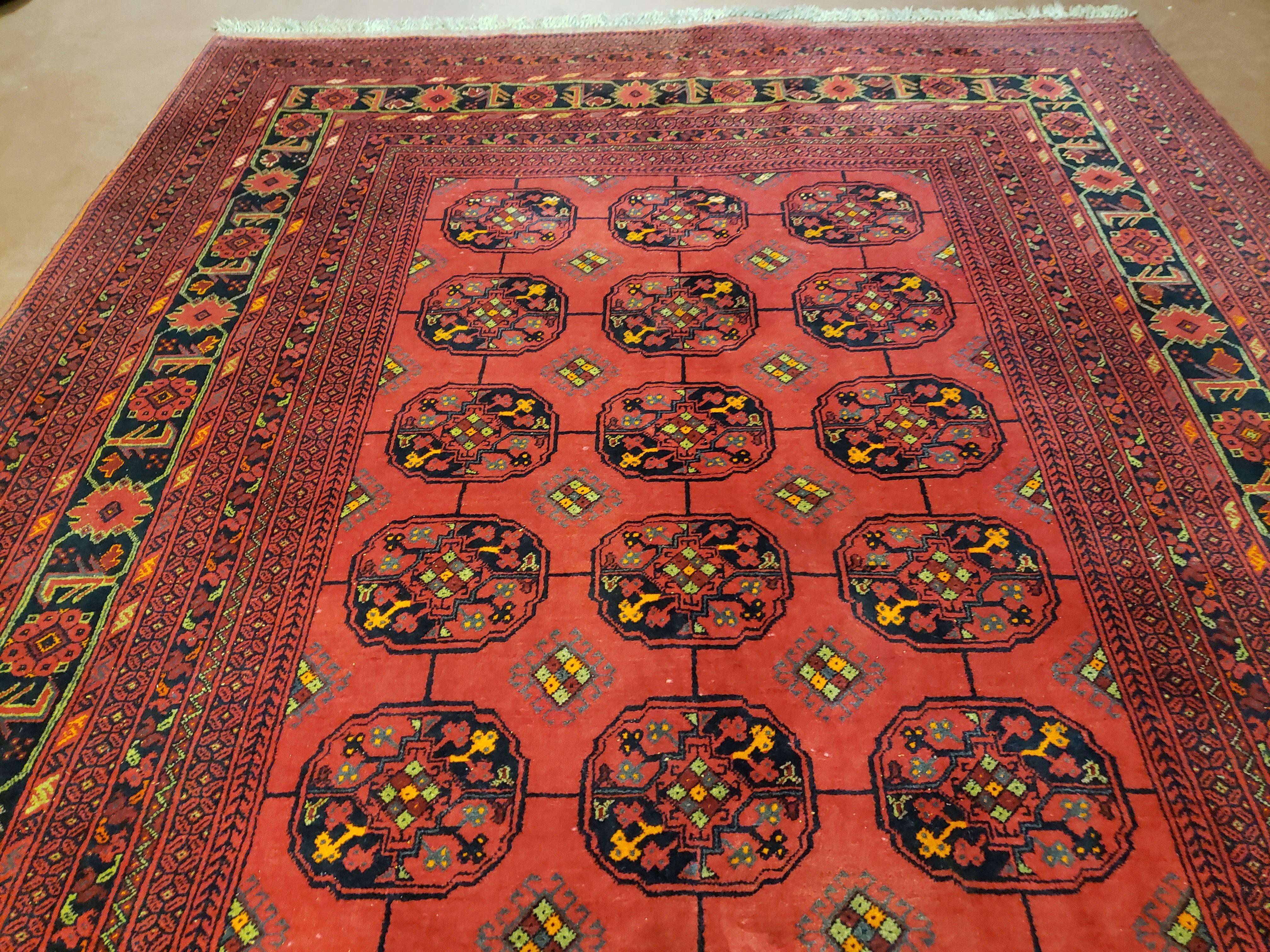 7x10 Vintage Afghan Turkoman Yamud Bokhara Rug Red Bukhara Hand-Knotted Oriental Afghanistan Carpet Wool - Jewel Rugs