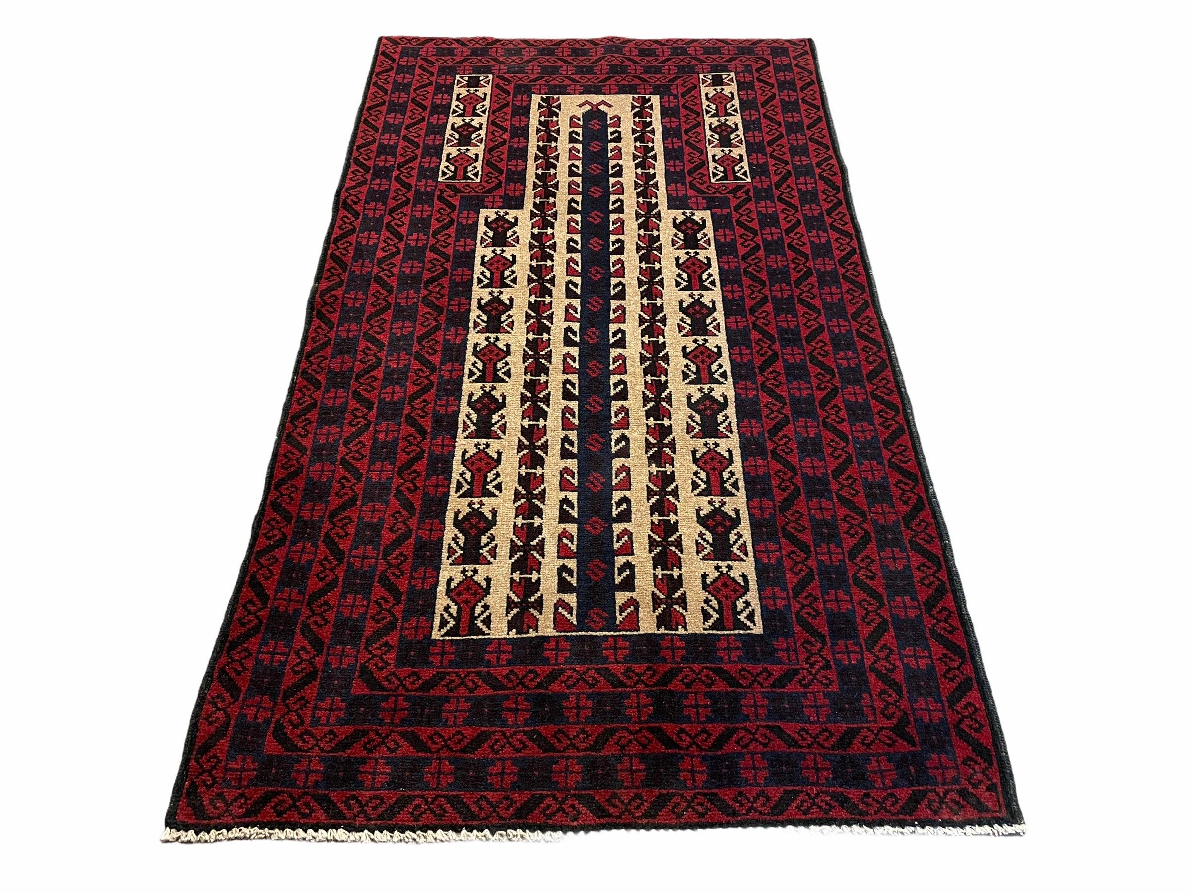 3x5 New Handmade Tribal Rug Afghan Rug Prayer Rug Balouch Wool Rug Red Black Tan - Jewel Rugs