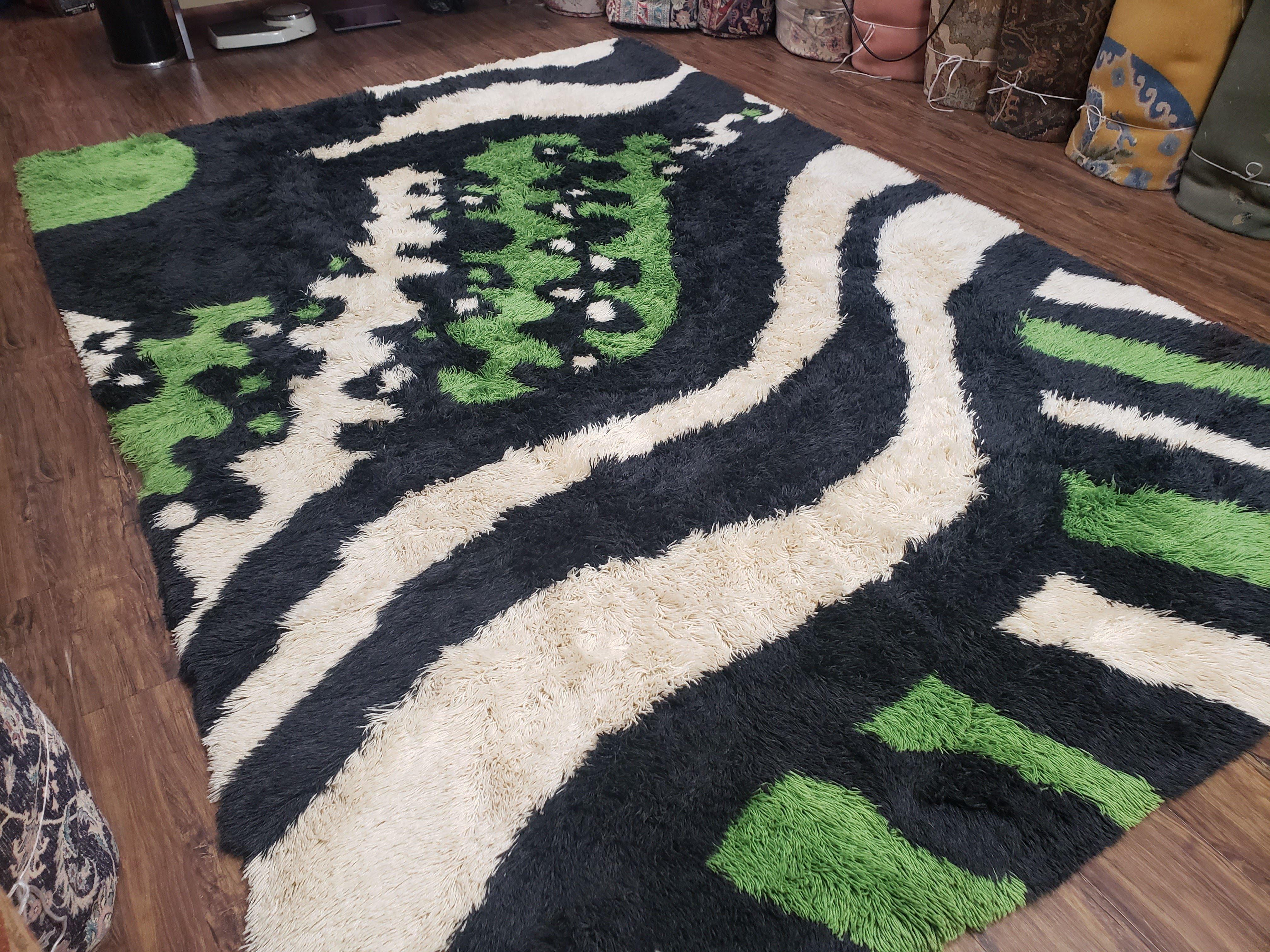 Rya Shag Rug 8x12, Mid-Century Ege Rya 1960s Carpet, Green White Black Modern Shag Rug, 8 x 12 Danish Rya, Soft High Pile, Abstract Rug - Jewel Rugs