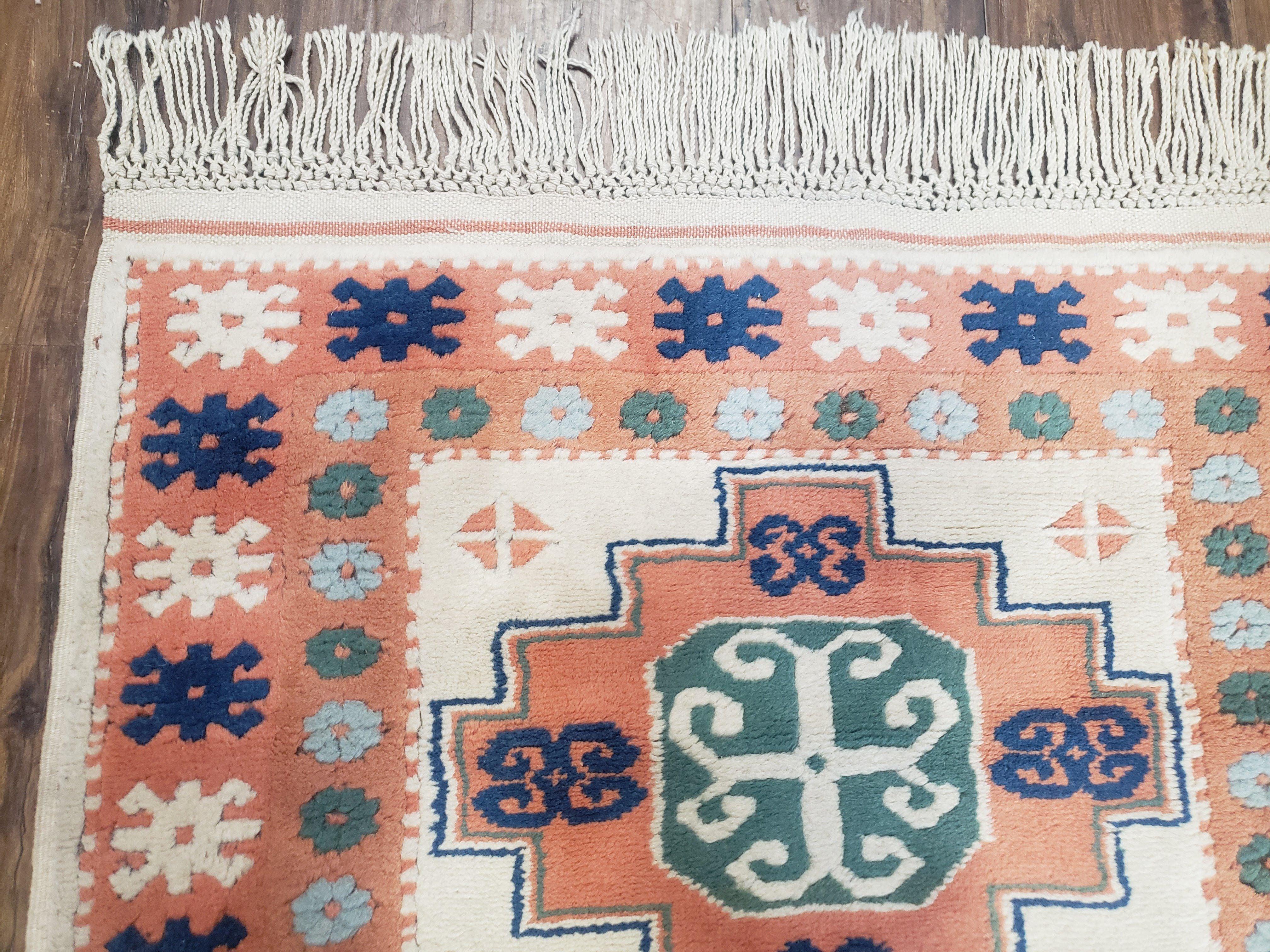 1960s Vintage Turkish Kazak Area Rug 3x5, Wool Hand-Knotted Ivory & Peach Tribal Style Carpet, 3 x 5 Soft Pile Living Room Carpet, Boho Rug - Jewel Rugs