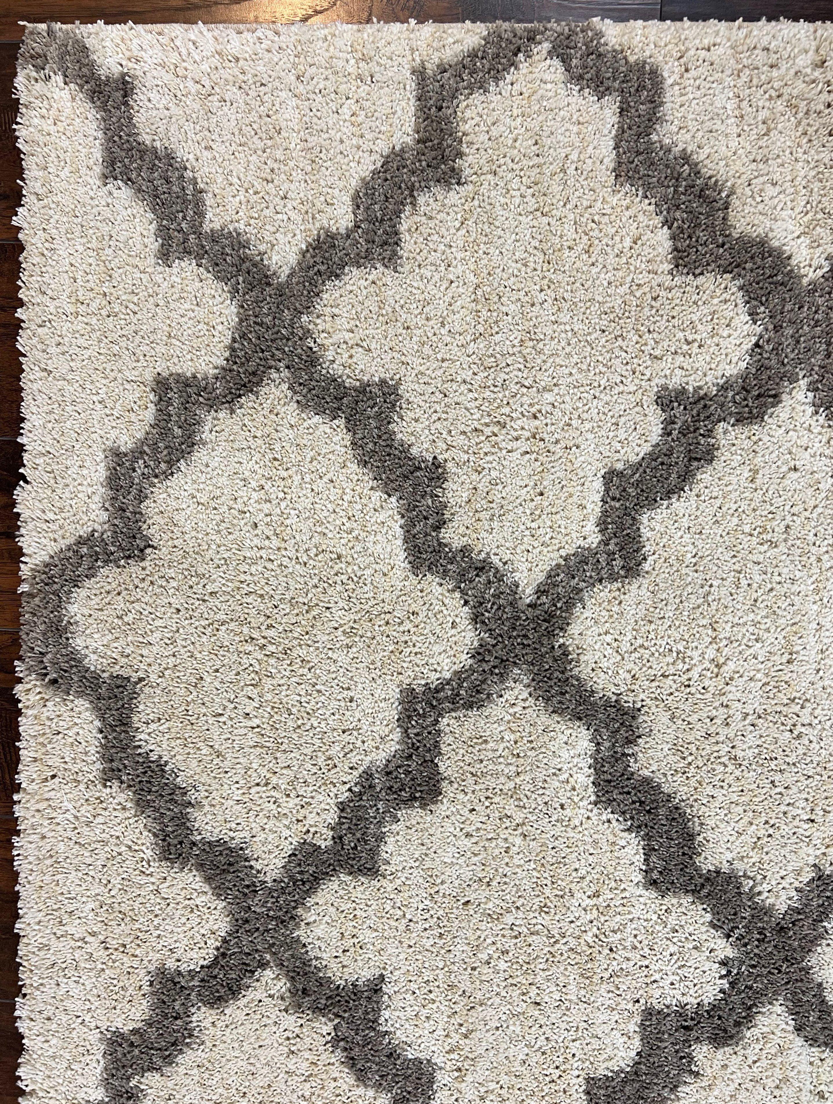 Modern Shag Rug, Ivory and Gray, Diamond Panel Design, Room Sized Area Rug - Jewel Rugs