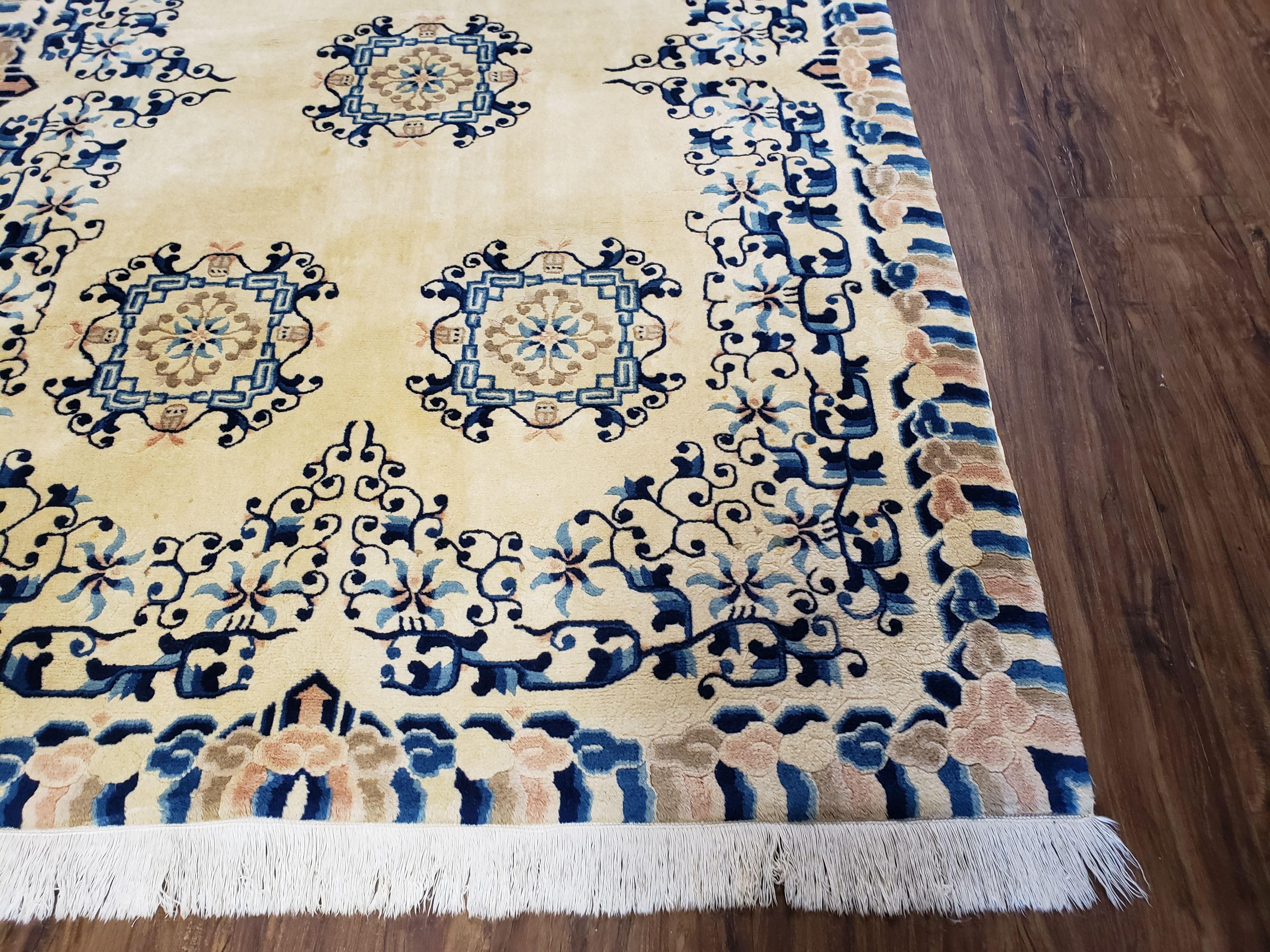 Antique Chinese Peking Area Rug 4x6, Ivory & Blue, Striped Border, Hand-Knotted, Early 20th Century Rug, Asian Oriental Art Deco Wool Carpet - Jewel Rugs